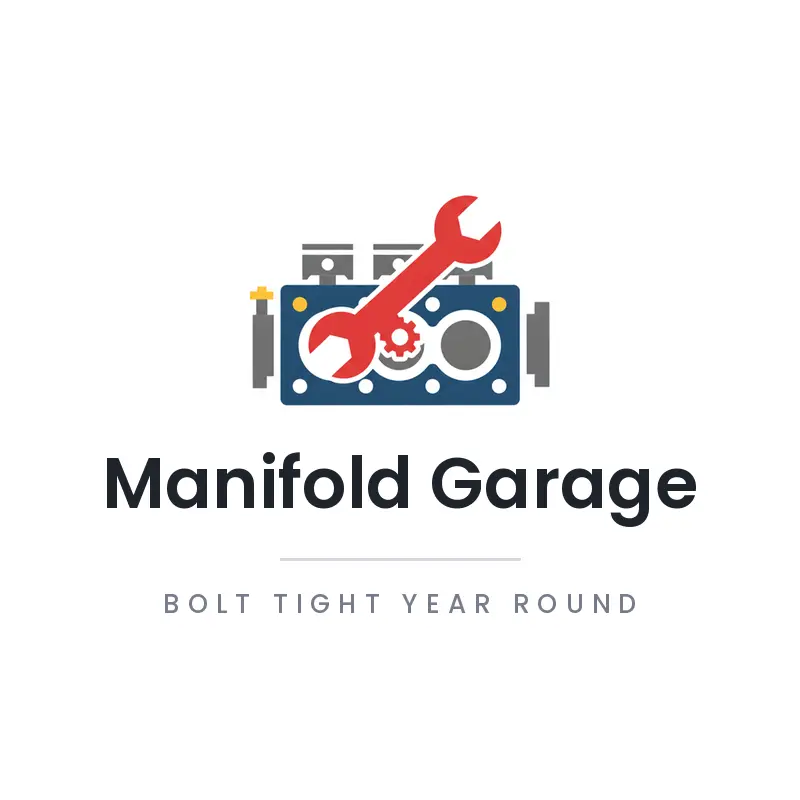 Minimal auto repair logo with a wrench crossed over an engine block