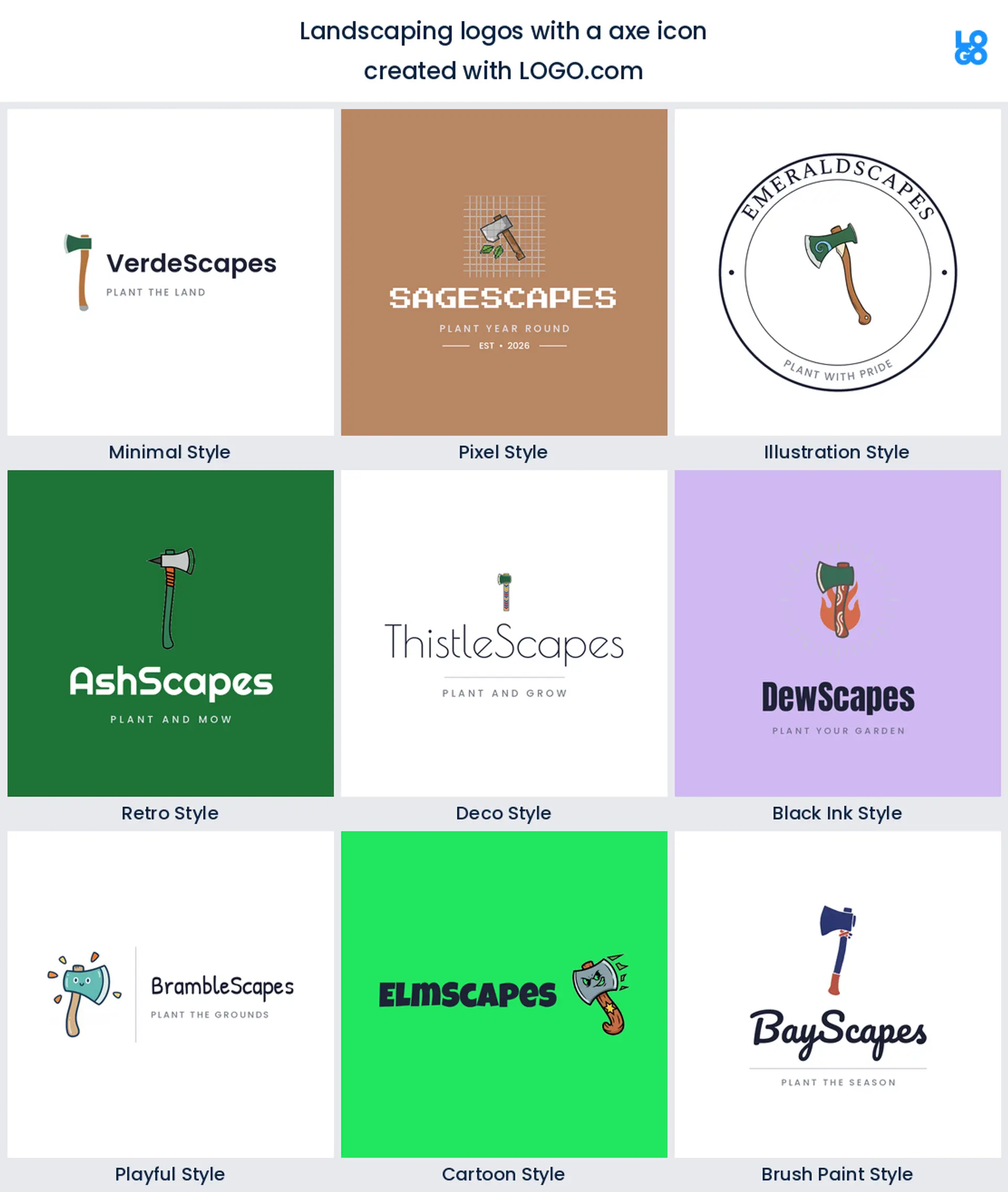 Axe landscaping logo shown in nine LOGO.com styles