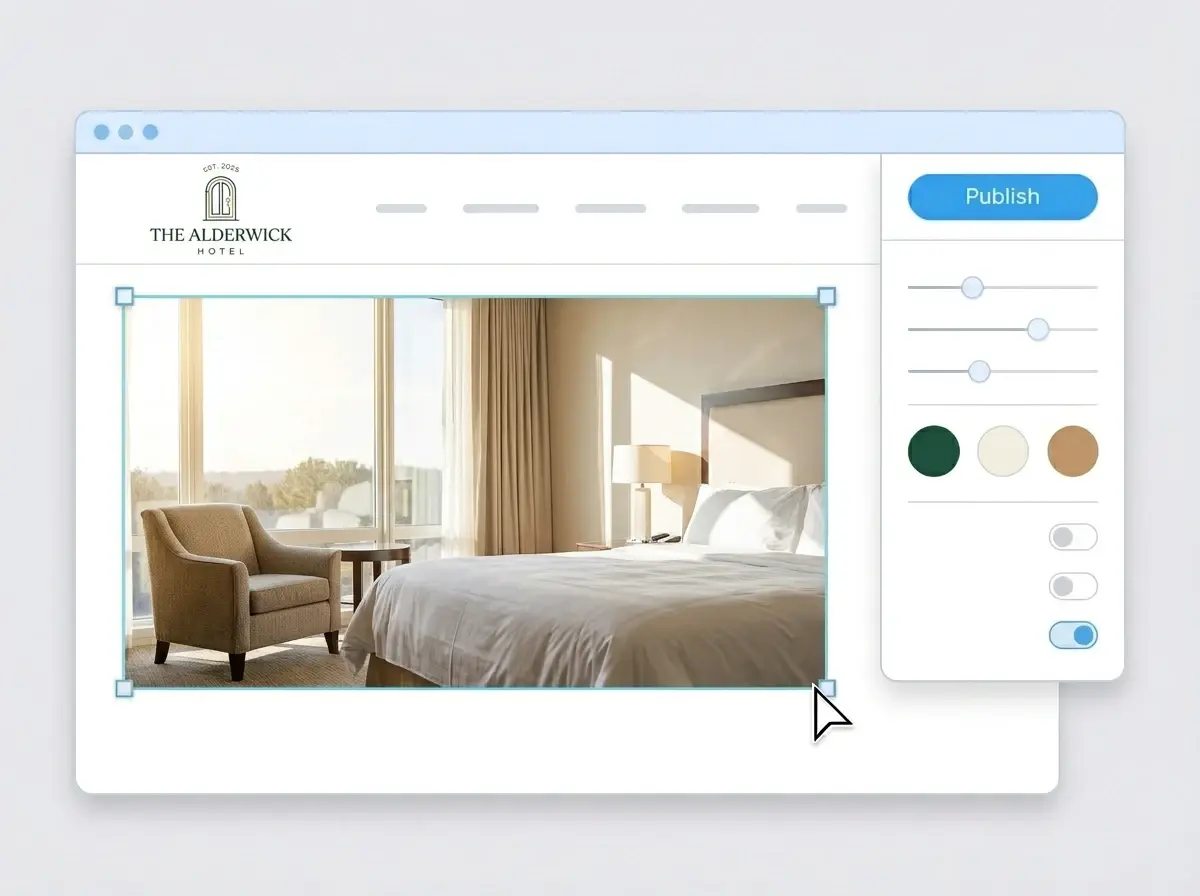 Editing the Alderwick Hotel website with a bright guest room photo selected, the style panel open and the Publish button ready