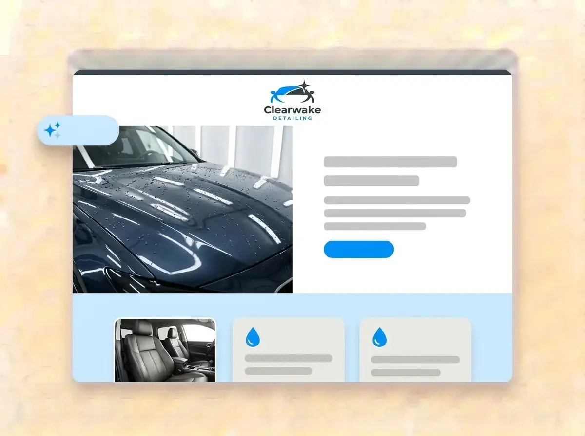 Finished Clearwake Detailing website built by LOGO.com from the uploaded logo, with a polished dark blue car hood covered in water beads in the hero photo