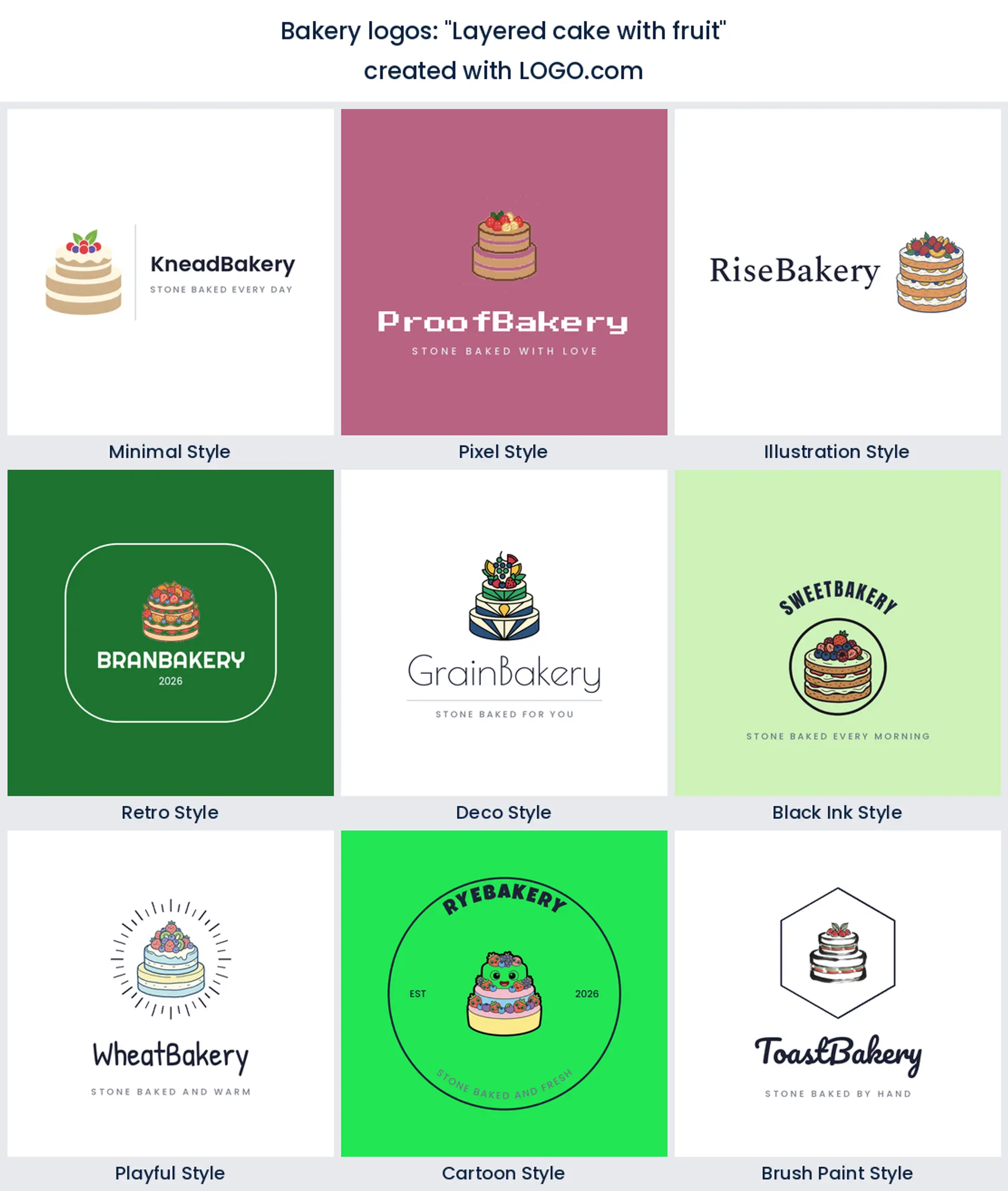 Layered cake with fruit bakery logo in nine styles.