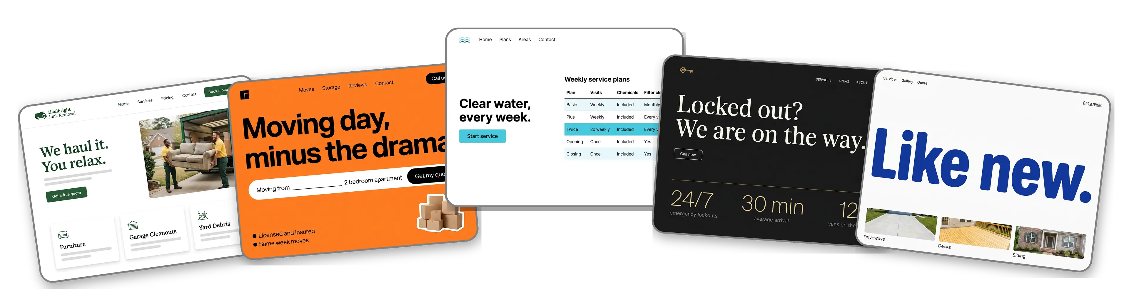 Five home service websites built with LOGO.com from a logo upload: a junk removal company, a local moving company, a pool cleaning service, a mobile locksmith and a pressure washing company