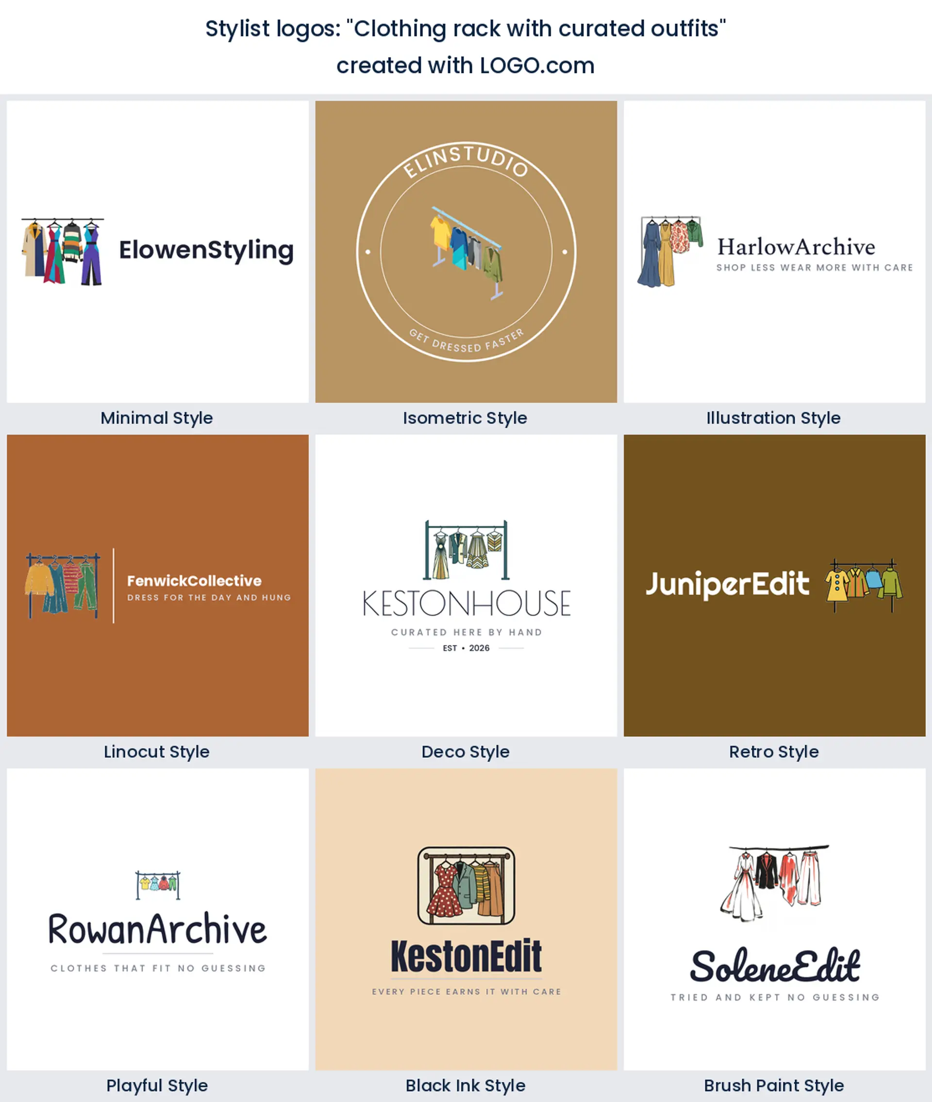 Curated clothing rack stylist logo shown in nine LOGO.com styles
