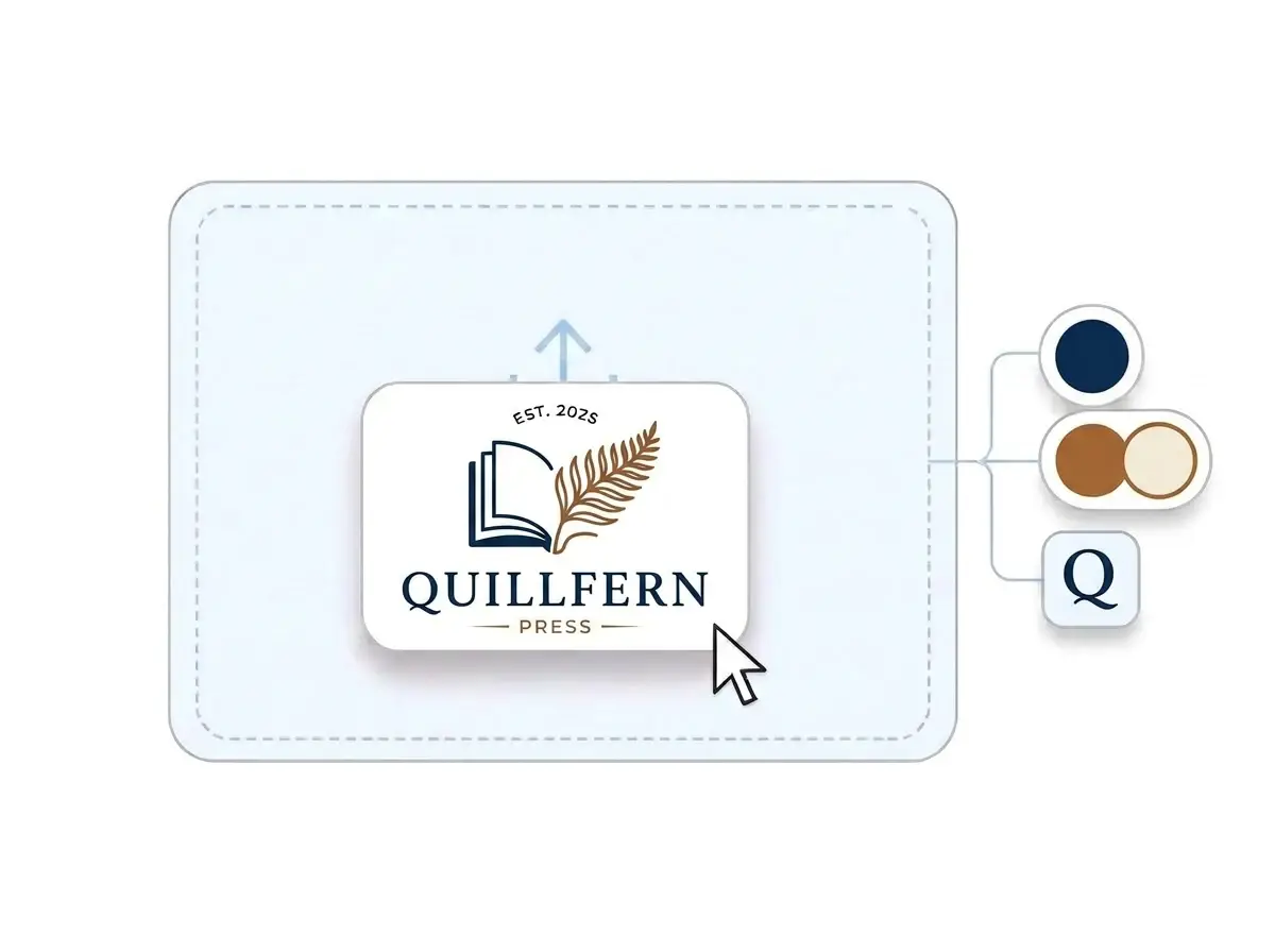 Quillfern Press logo, an open book curling into a fern in ink blue and saddle brown, dropped into the LOGO.com upload box with its colors picked out