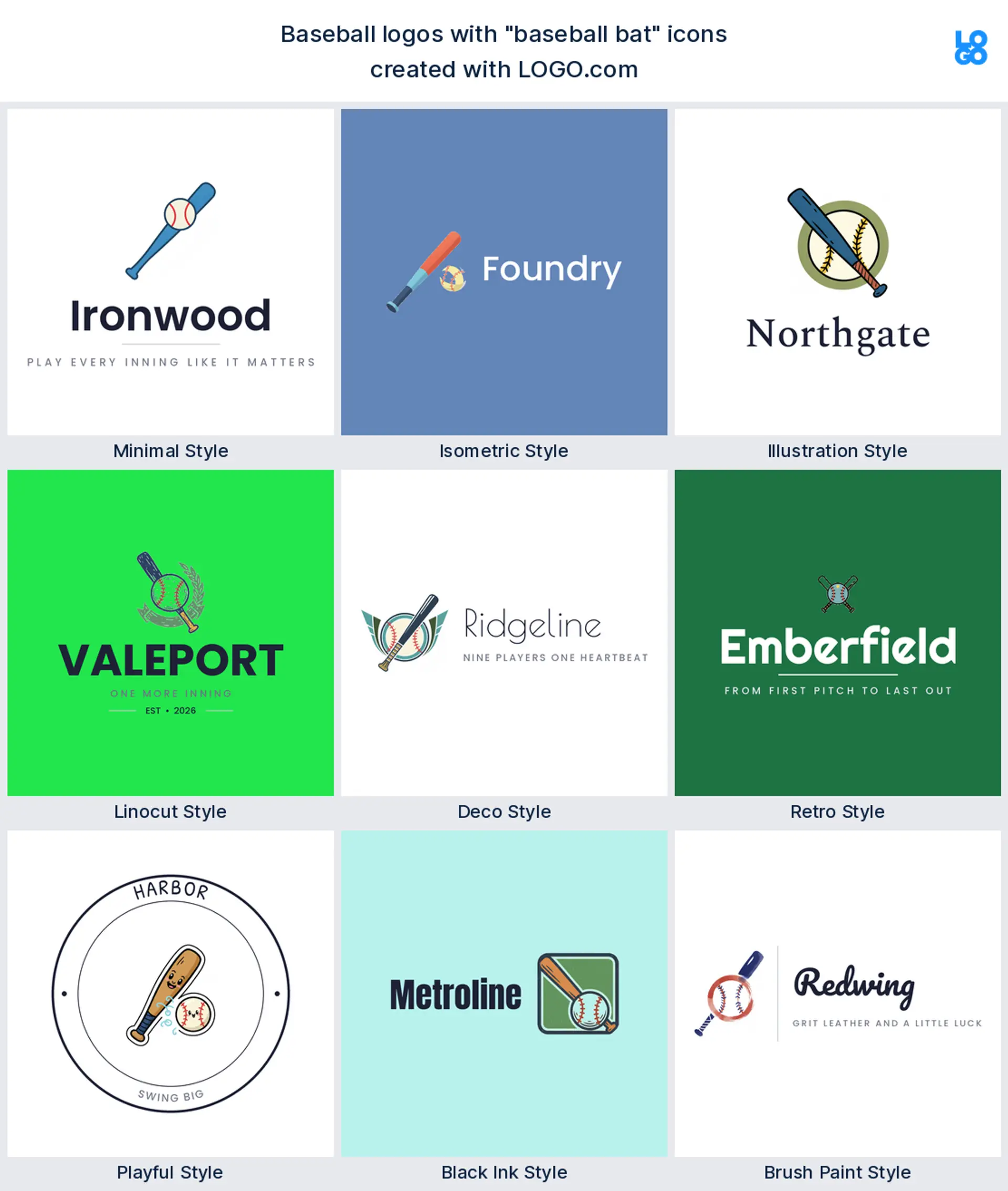 Baseball bat logo shown in nine LOGO.com styles