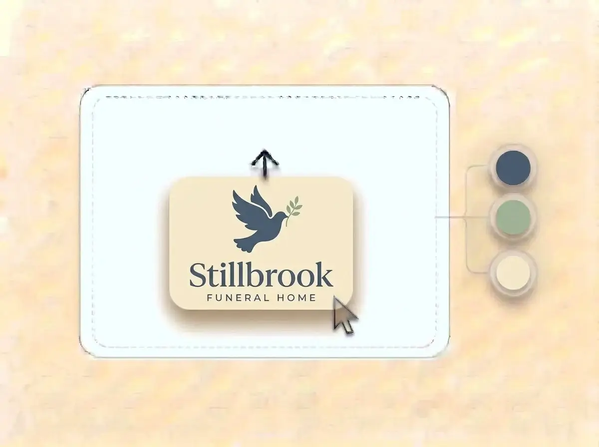 Stillbrook Funeral Home logo, a slate blue dove carrying a sage olive sprig on a warm ivory card, dropped into the LOGO.com upload box with its colors split into swatches