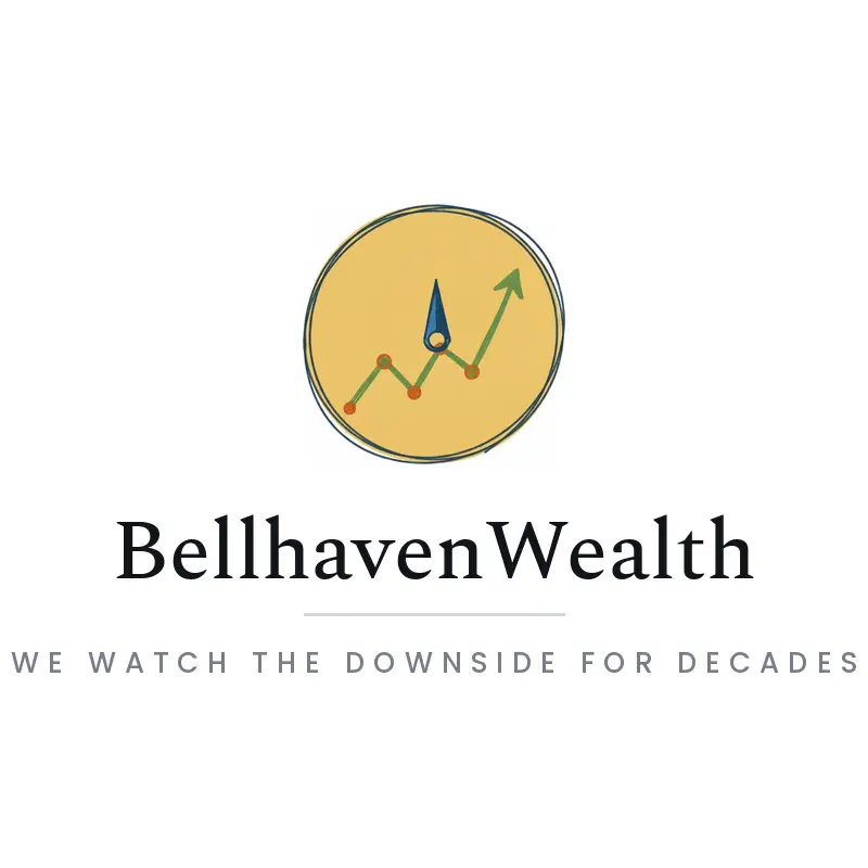 Illustrated financial advisor logo for BellhavenWealth with a compass needle set inside a growth chart