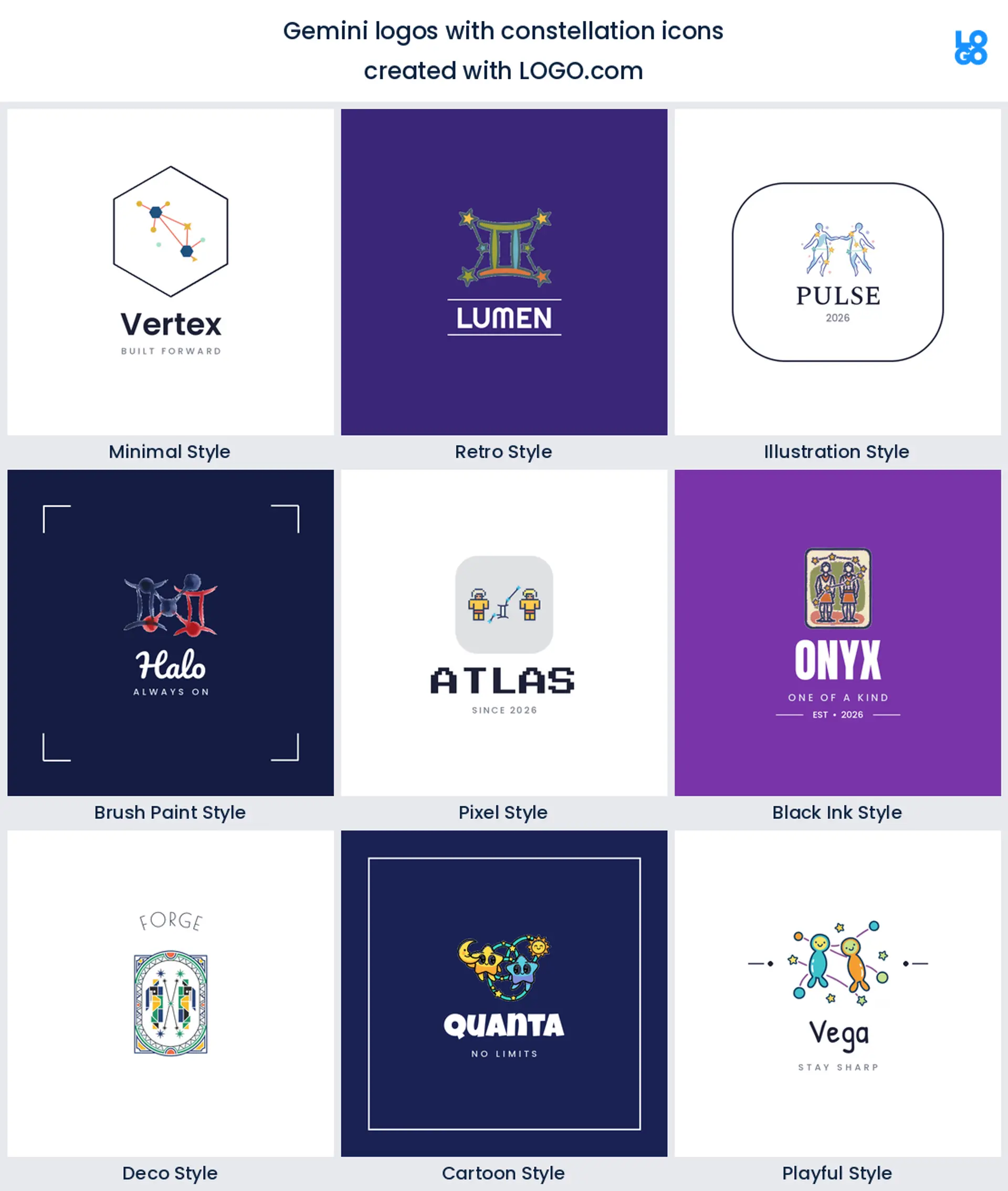 Gemini constellation logo shown in nine LOGO.com styles