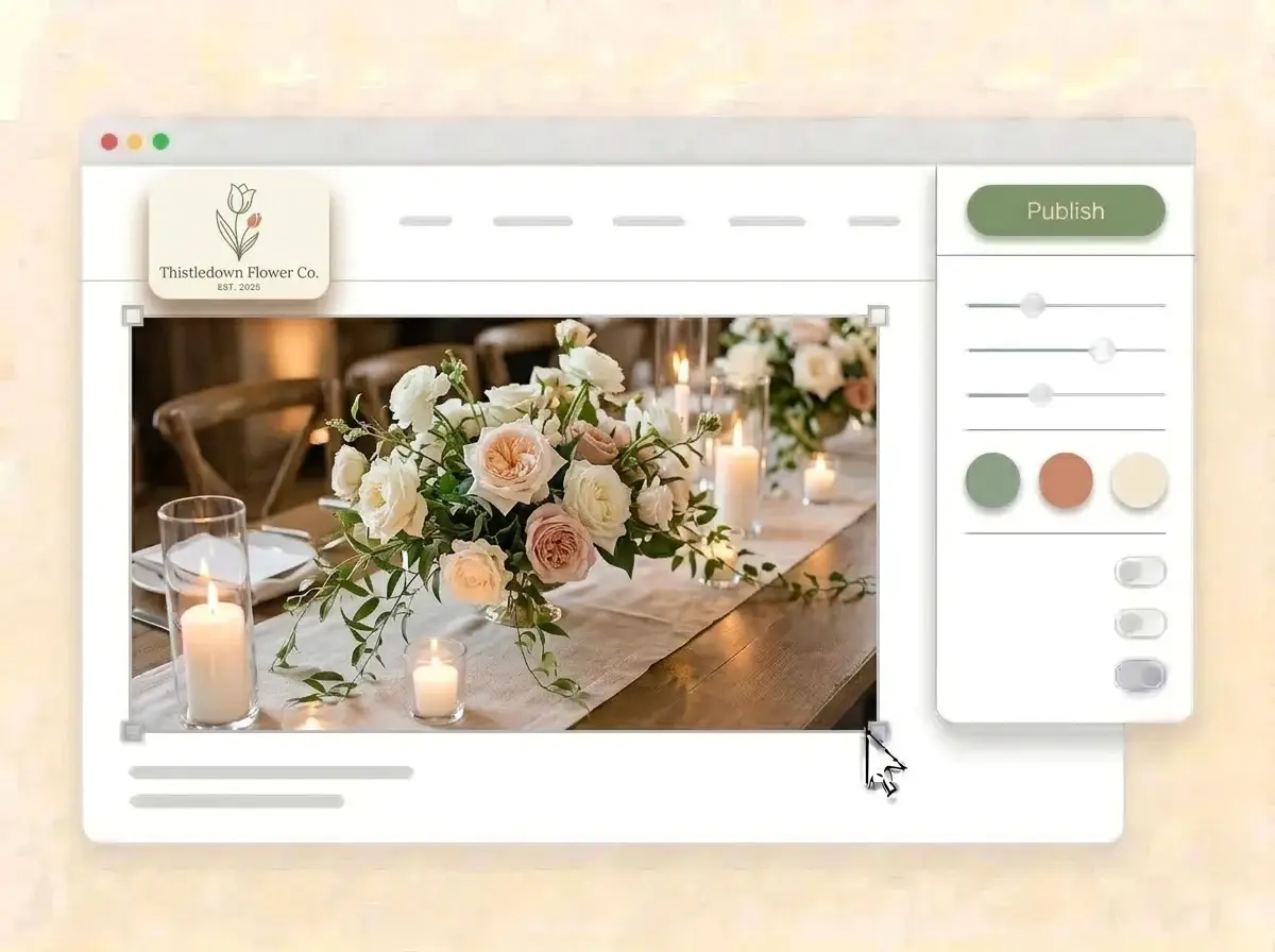 Editing the Thistledown Flower Co. website with a wedding centerpiece photo selected, the style panel open and the moss green Publish button ready
