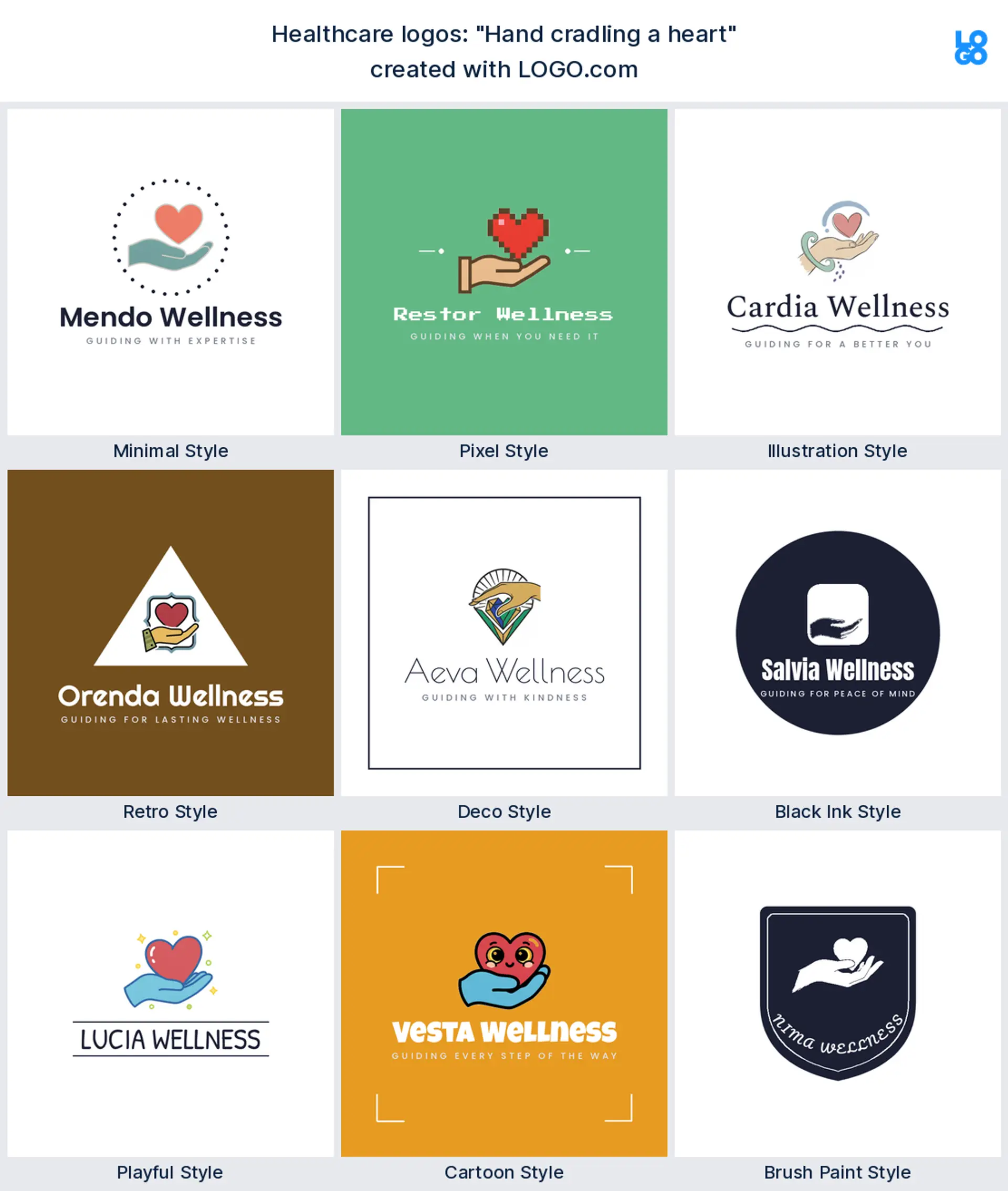 The "Hand cradling a heart" healthcare logo idea shown across nine LOGO.com styles