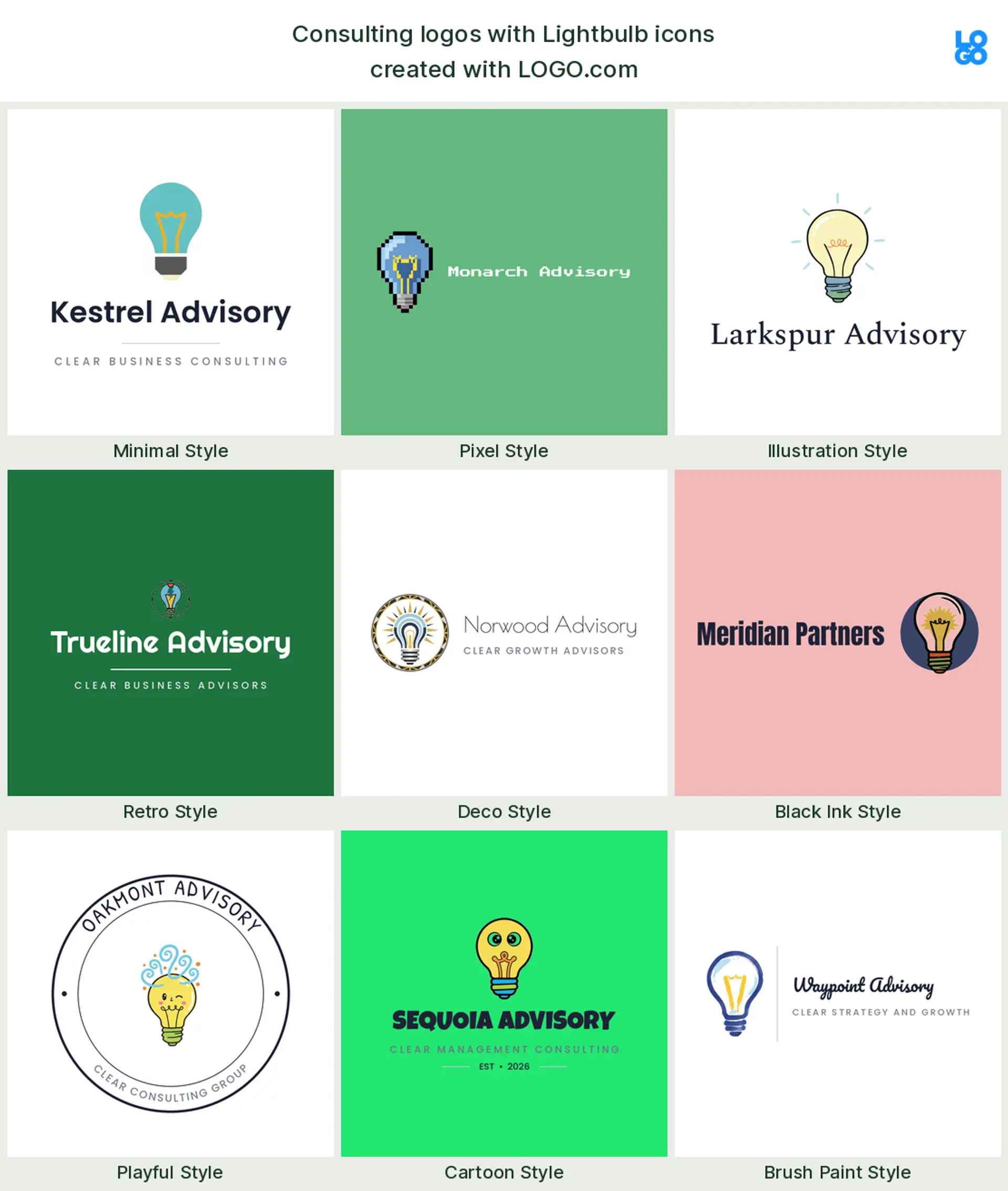 Lightbulb, a popular consulting logo symbol, shown across nine styles on LOGO.com