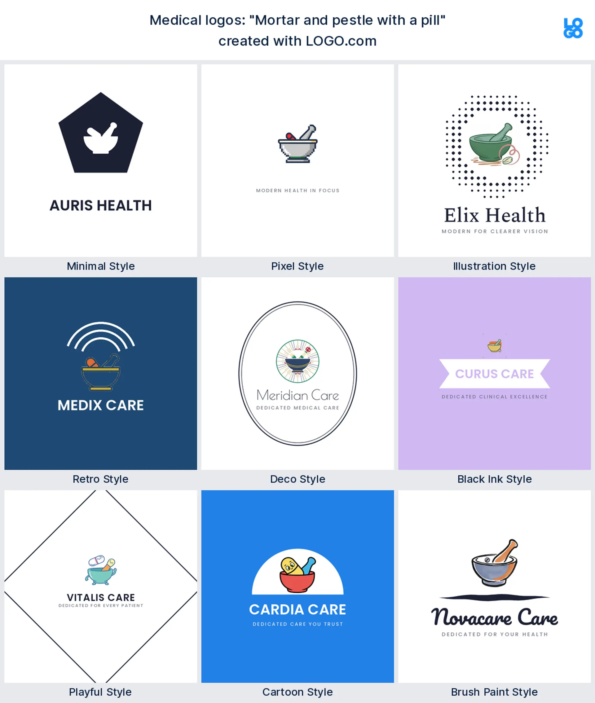 The "Mortar and pestle with a pill" medical logo idea shown across nine LOGO.com styles