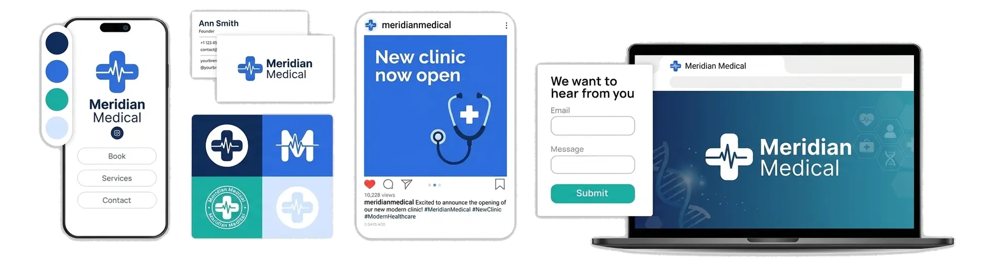 A medical logo maker showing a clinic brand across a practice sign, a lab coat, and a booking app