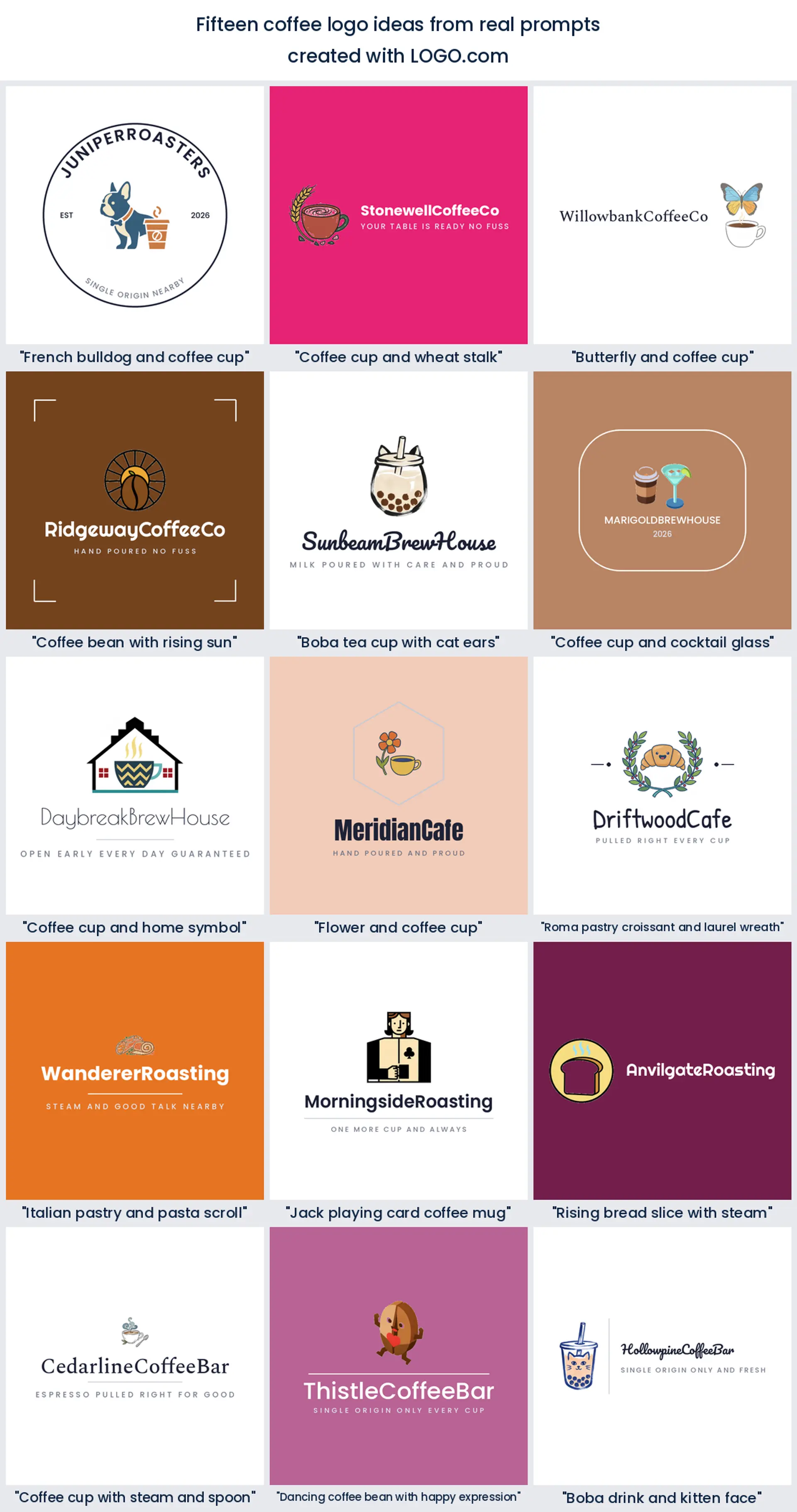 Fifteen coffee logo ideas shown across nine LOGO.com styles