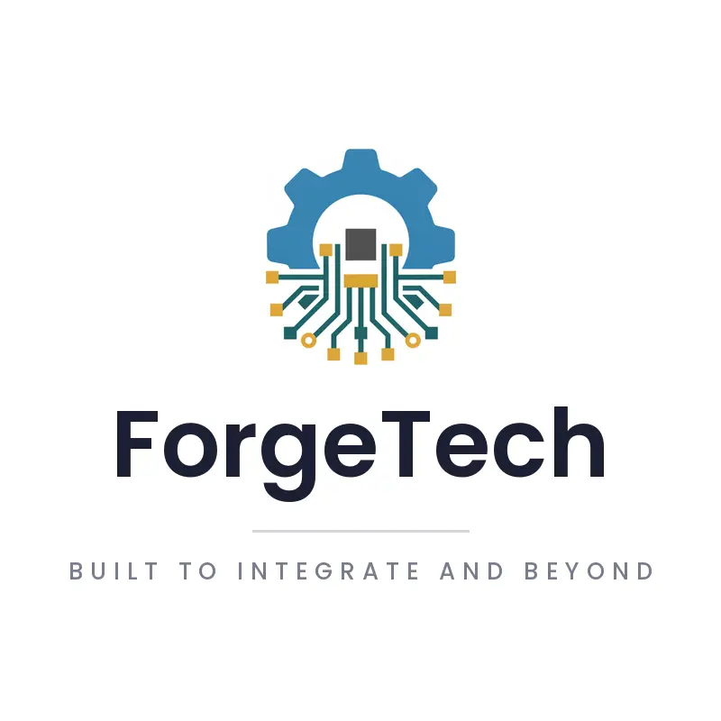 A minimal gear and circuit board tech logo on white.