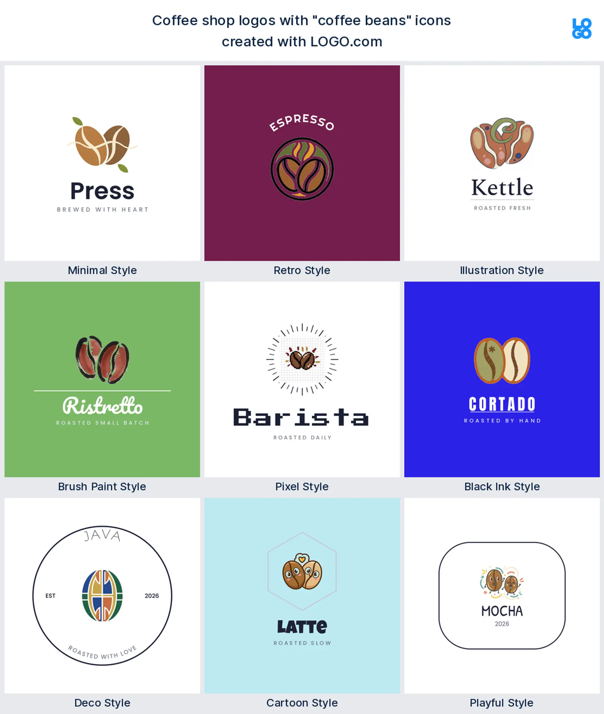 Coffee beans logo shown in nine LOGO.com styles