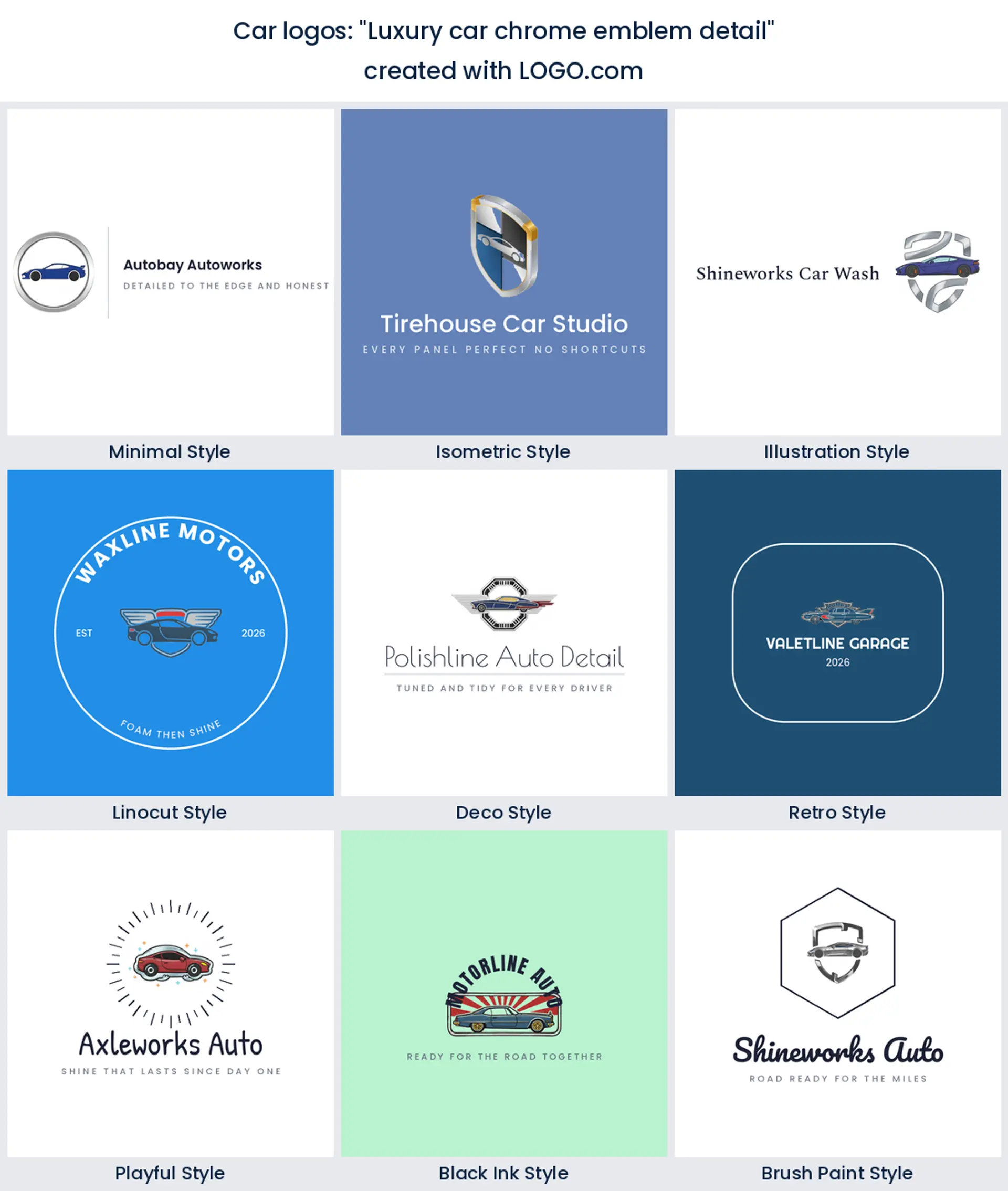 Nine luxury automotive logos of a chrome emblem with a car profile, in nine design styles.
