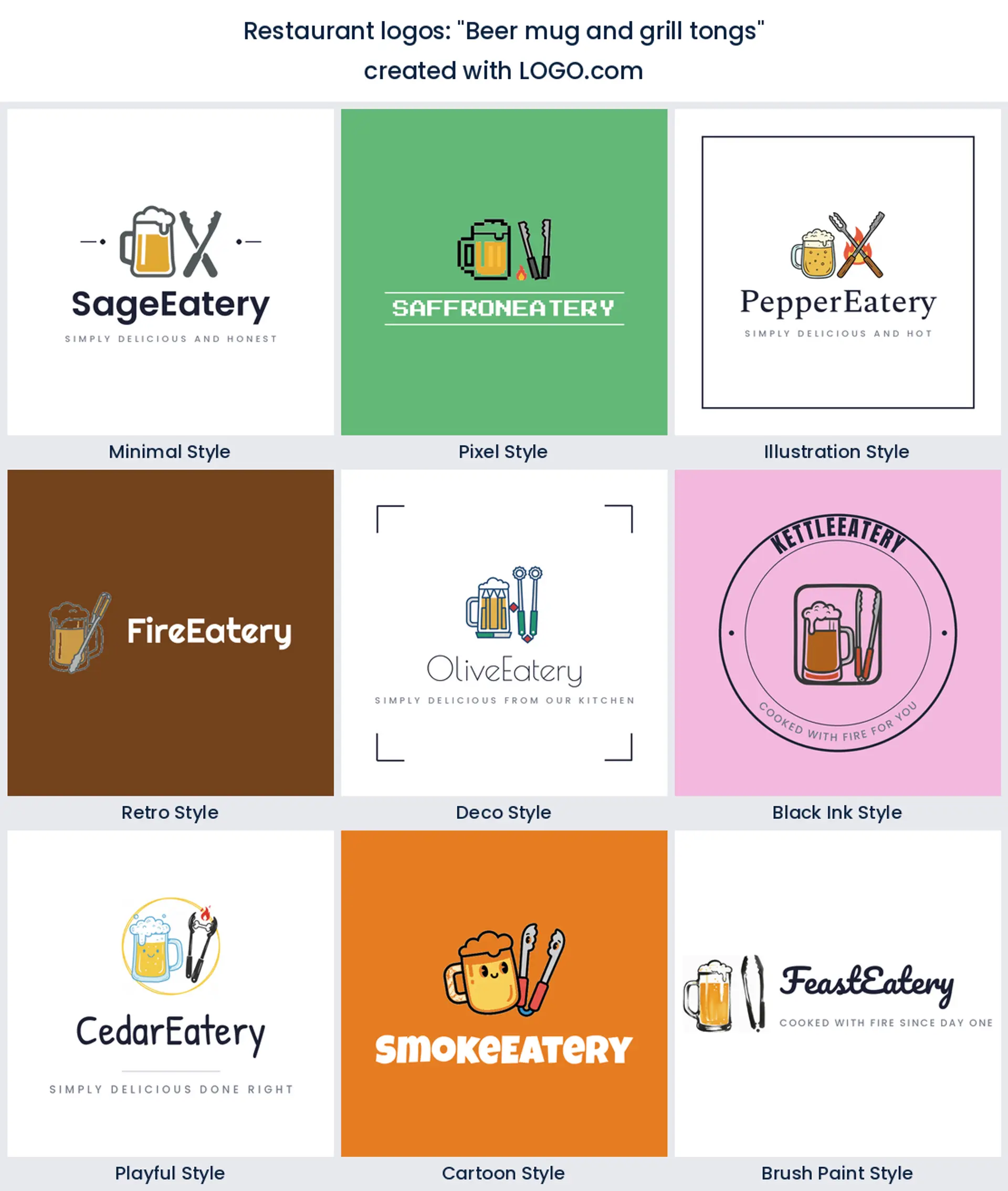 Beer mug and grill tongs bar and grill logo in nine styles.