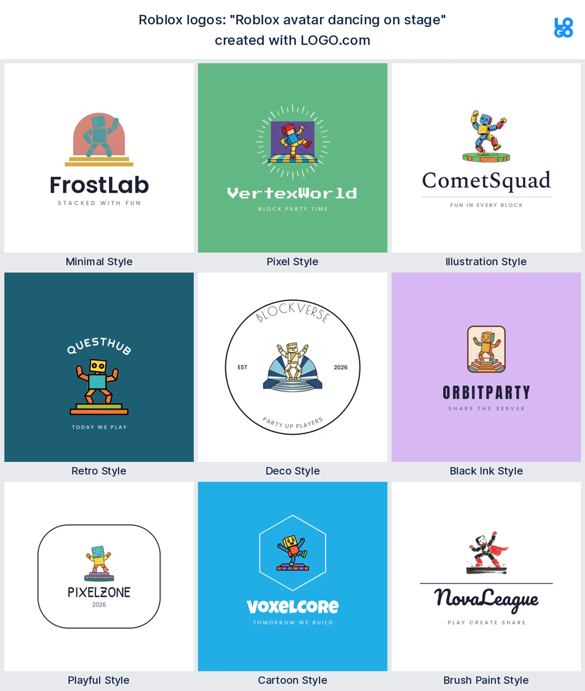 Roblox logos built from the founder prompt "Roblox avatar dancing on stage"