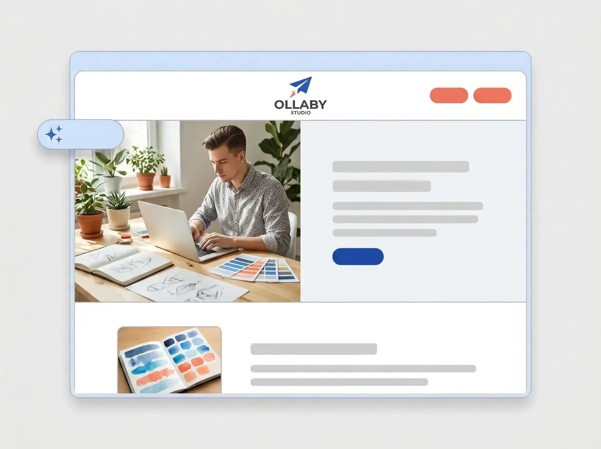 Finished Ollaby Studio freelancer website built by LOGO.com, with a freelancer working at a laptop in the hero and a sketchbook thumbnail