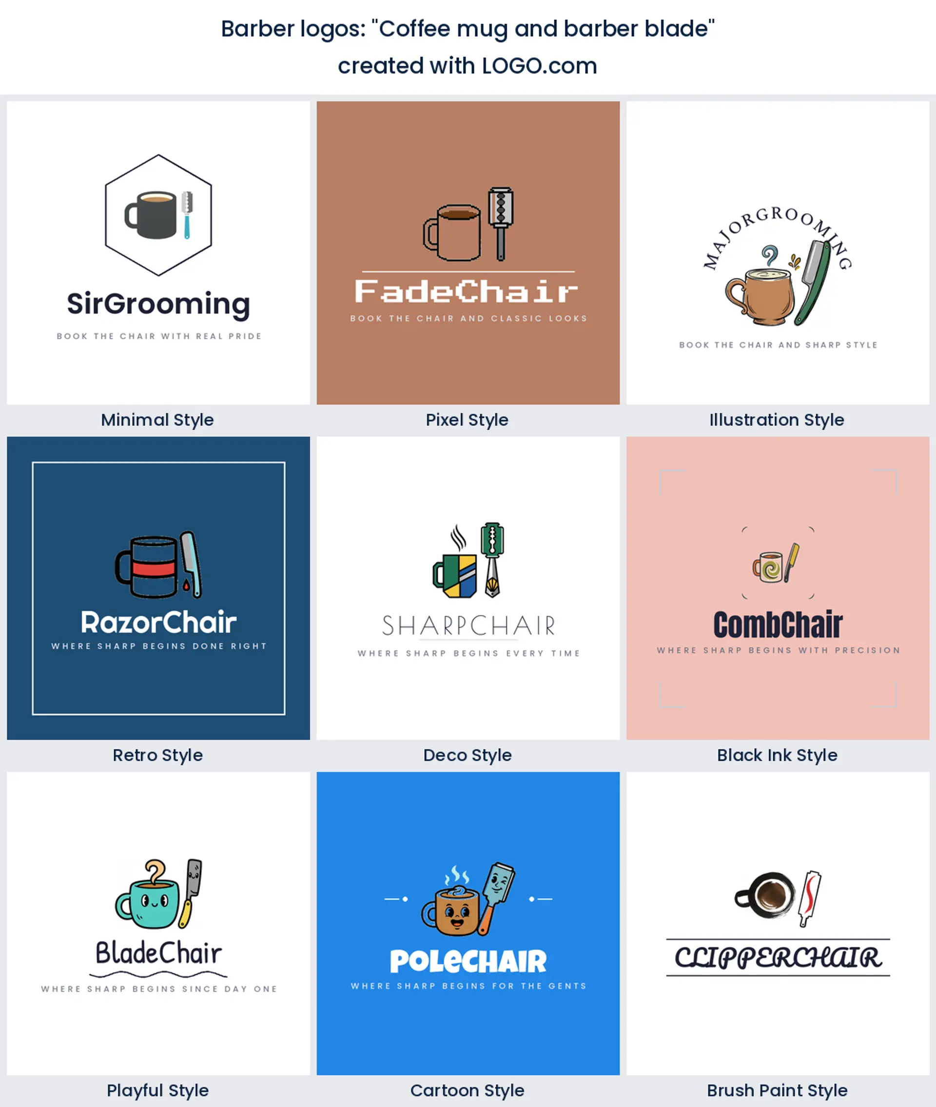 Coffee mug and barber blade logo in nine styles.