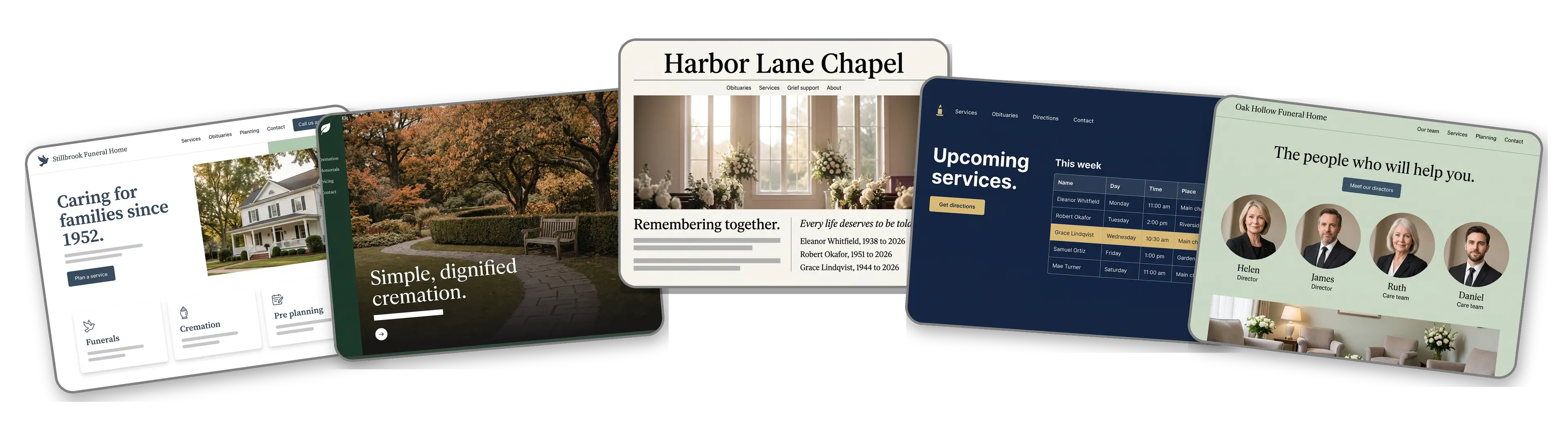 Five funeral websites built with LOGO.com from a logo upload: a family owned funeral home, a cremation provider, a memorial chapel with obituaries, a funeral home listing upcoming services and a funeral home introducing its directors