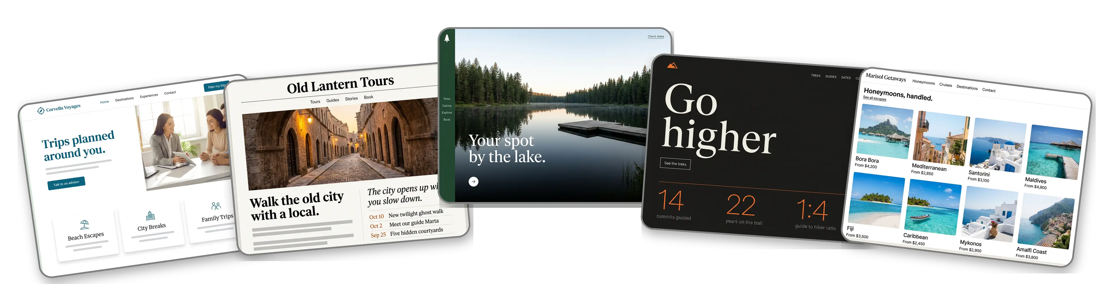 Five travel websites built with LOGO.com from a logo upload: a full service travel agency, a walking tour operator, a lakeside campground, an adventure trekking company and a honeymoon and cruise advisor