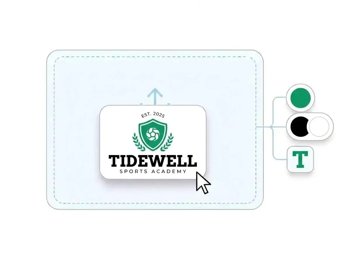 Tidewell Sports Academy logo dropped into the LOGO.com upload box, with its emerald green shield, ball and laurel mark and its black and white colors picked out