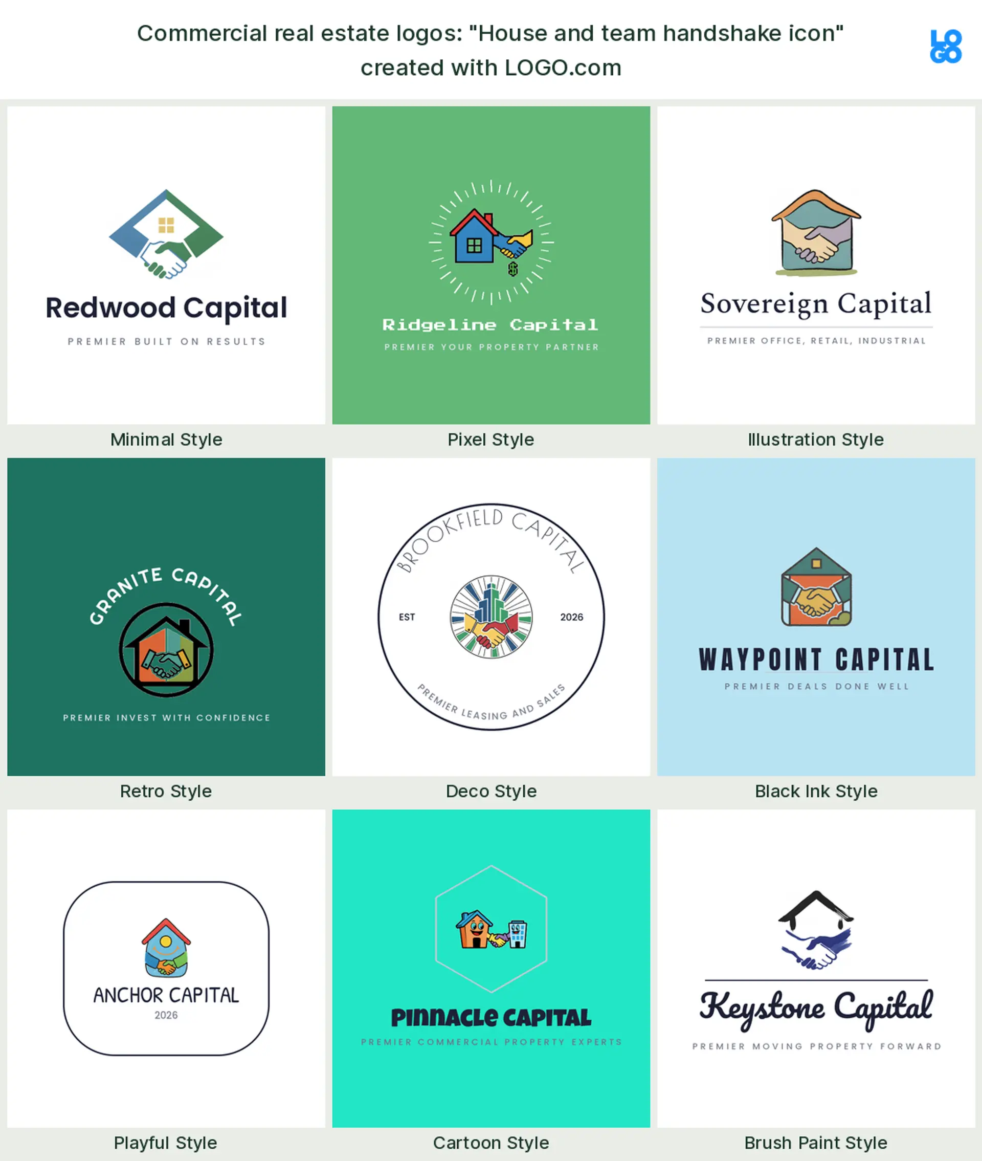 The "House and team handshake icon" commercial real estate logo idea, shown across nine styles on LOGO.com