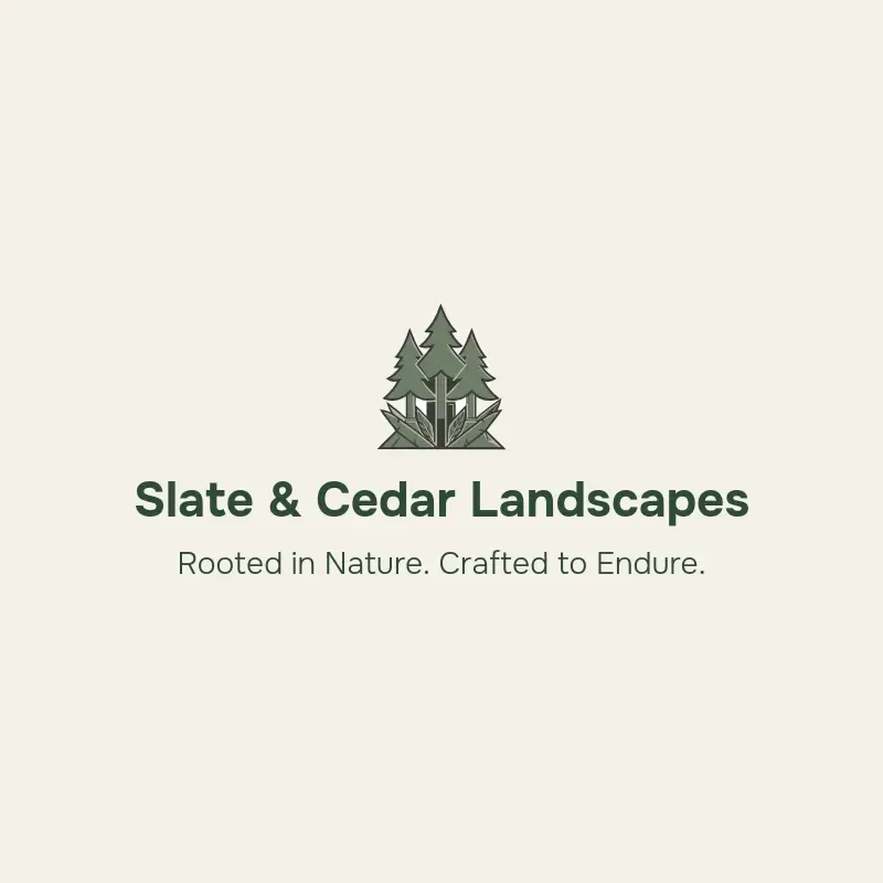 The landscaping name Slate & Cedar Landscapes as a branded logo with a color icon