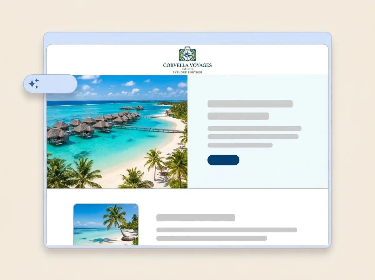 Finished Corvella Voyages travel agency website built by LOGO.com from the uploaded logo, with a lagoon and overwater bungalows in the hero and a beach thumbnail