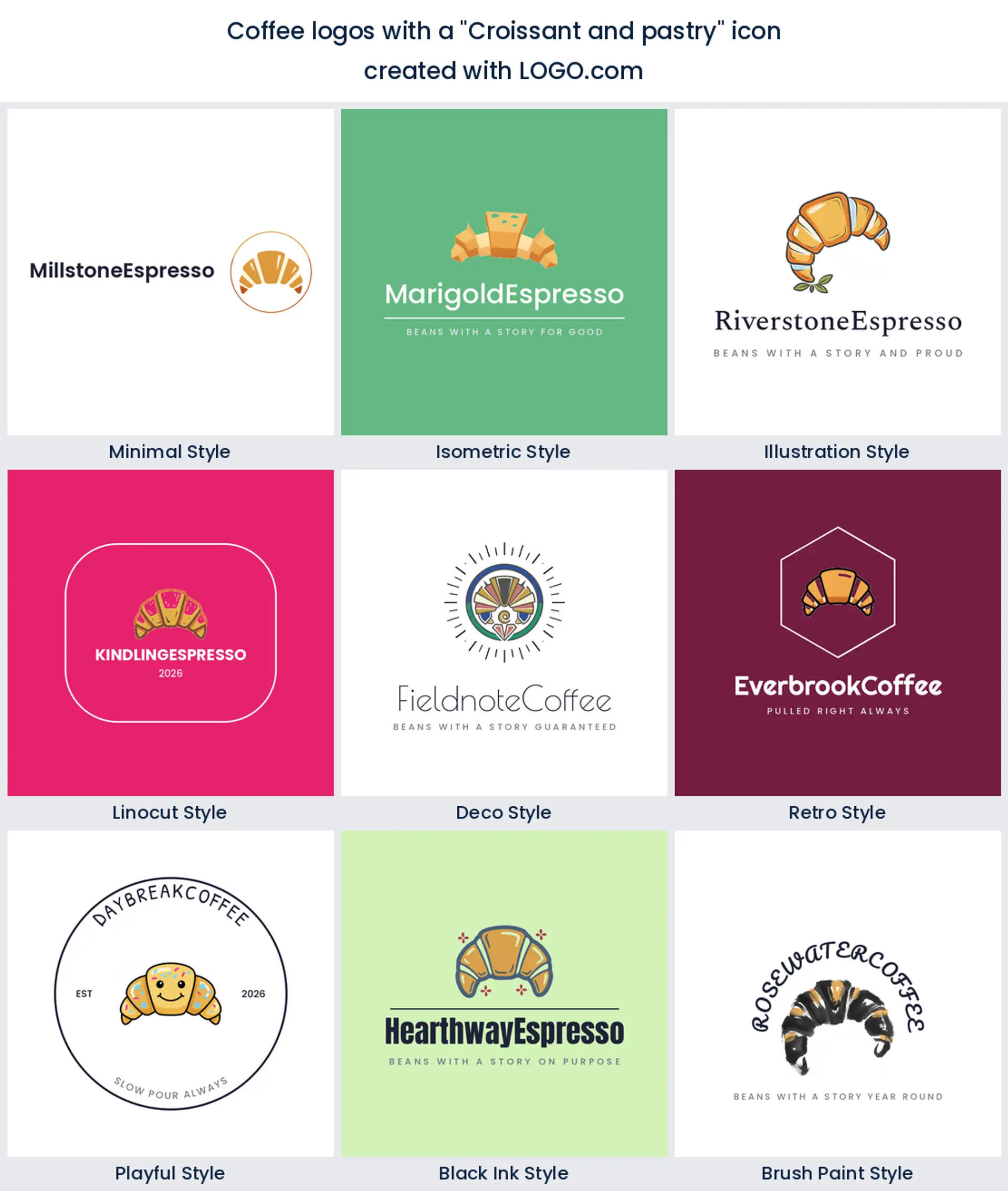 Croissant and pastry coffee logo shown in nine LOGO.com styles
