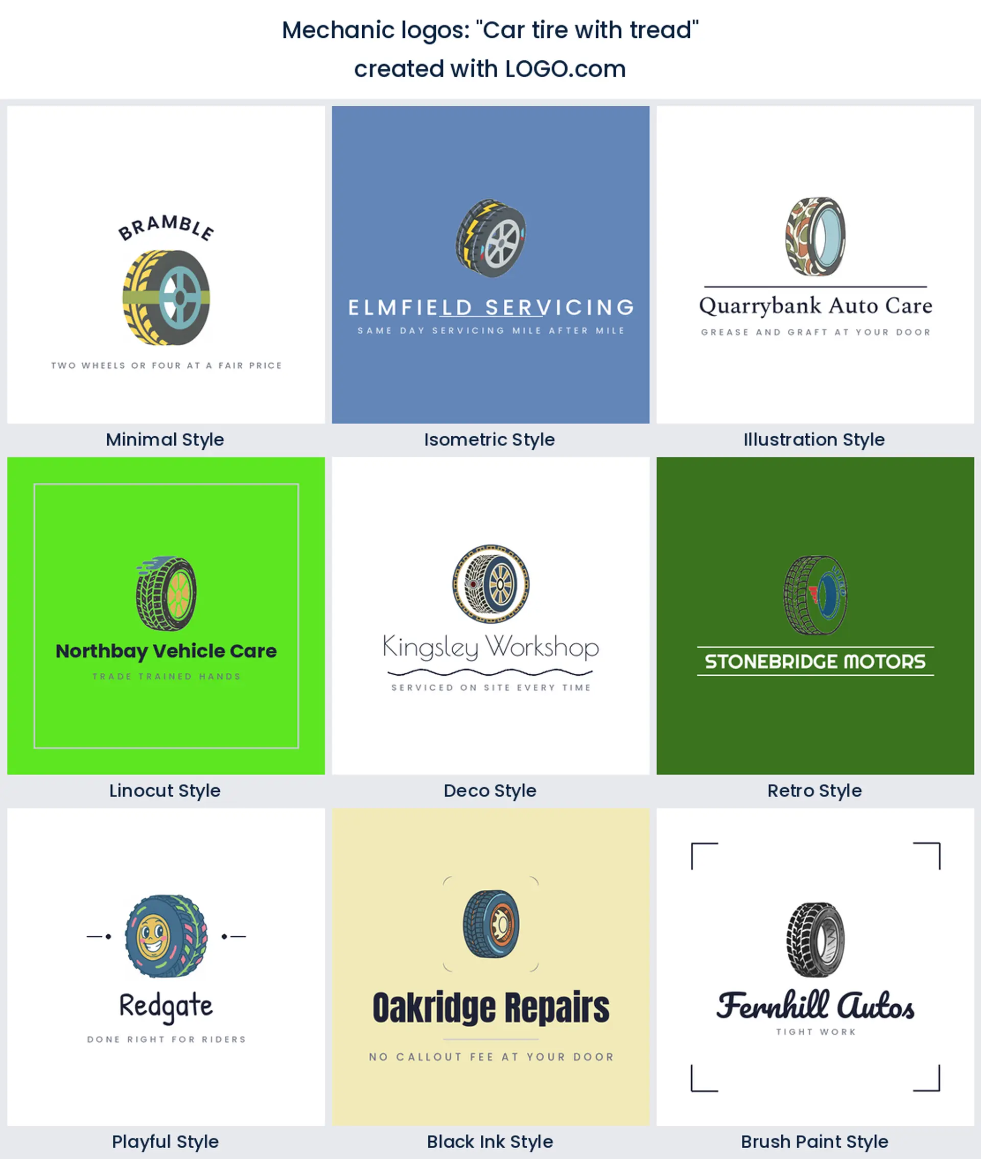 Car tire with tread mechanic logo in nine styles