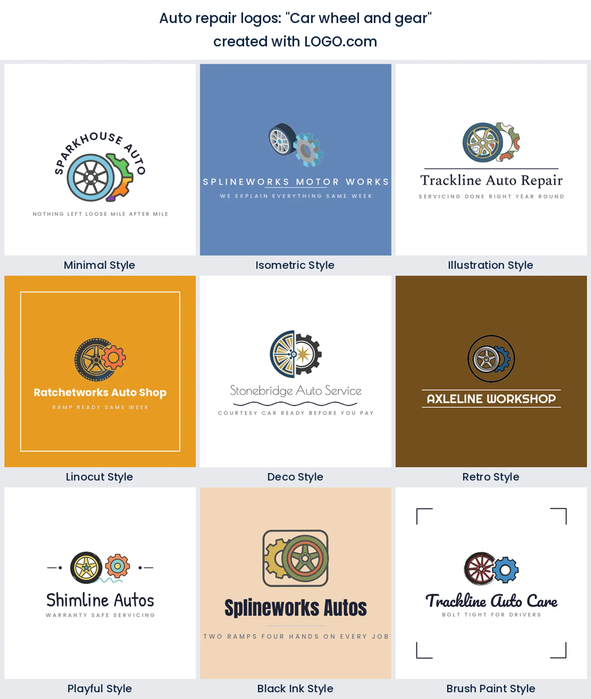 "Car wheel and gear" tire shop logo shown in nine LOGO.com styles