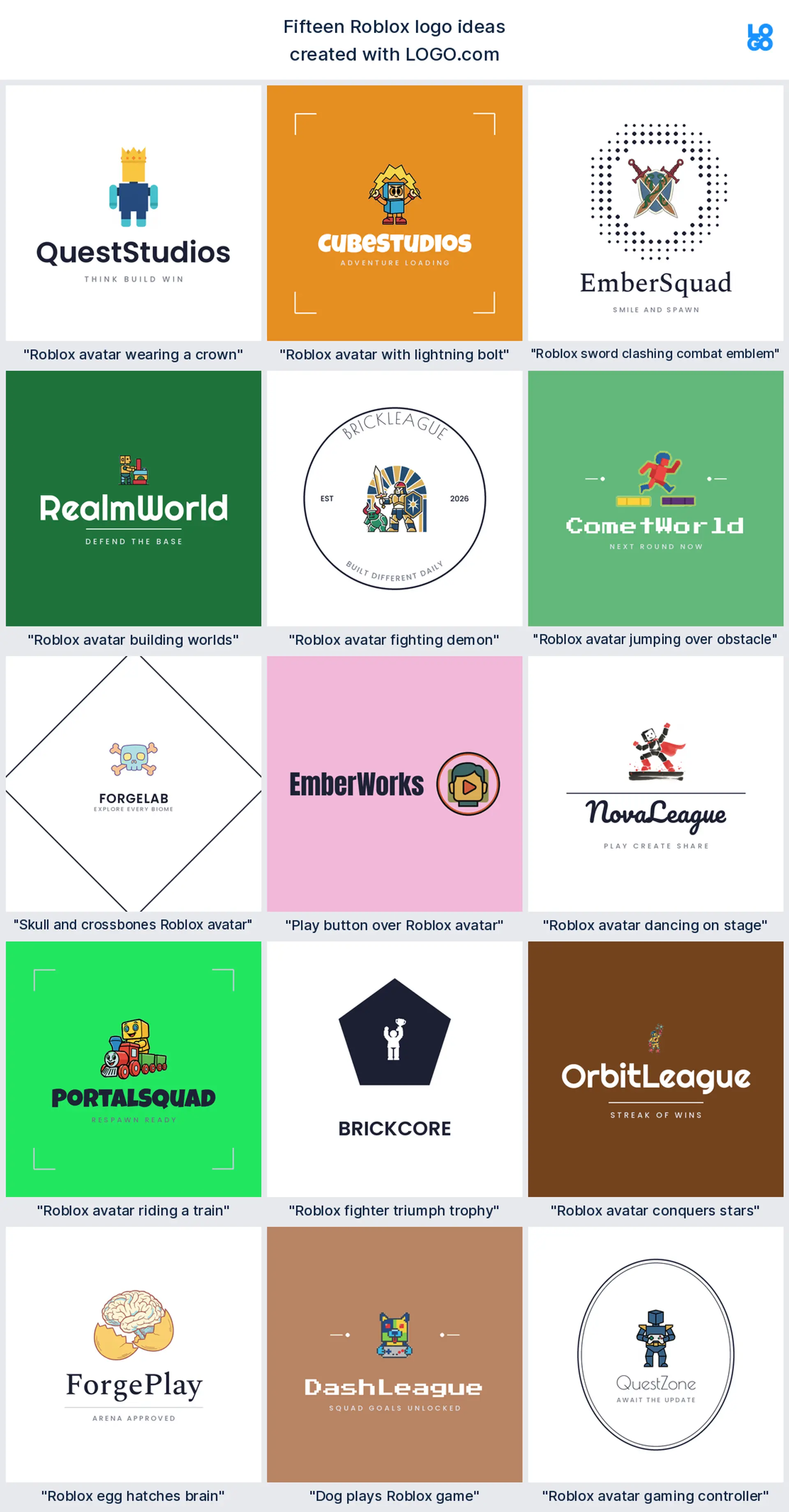 Fifteen Roblox logo ideas from real founder prompts shown across nine LOGO.com styles