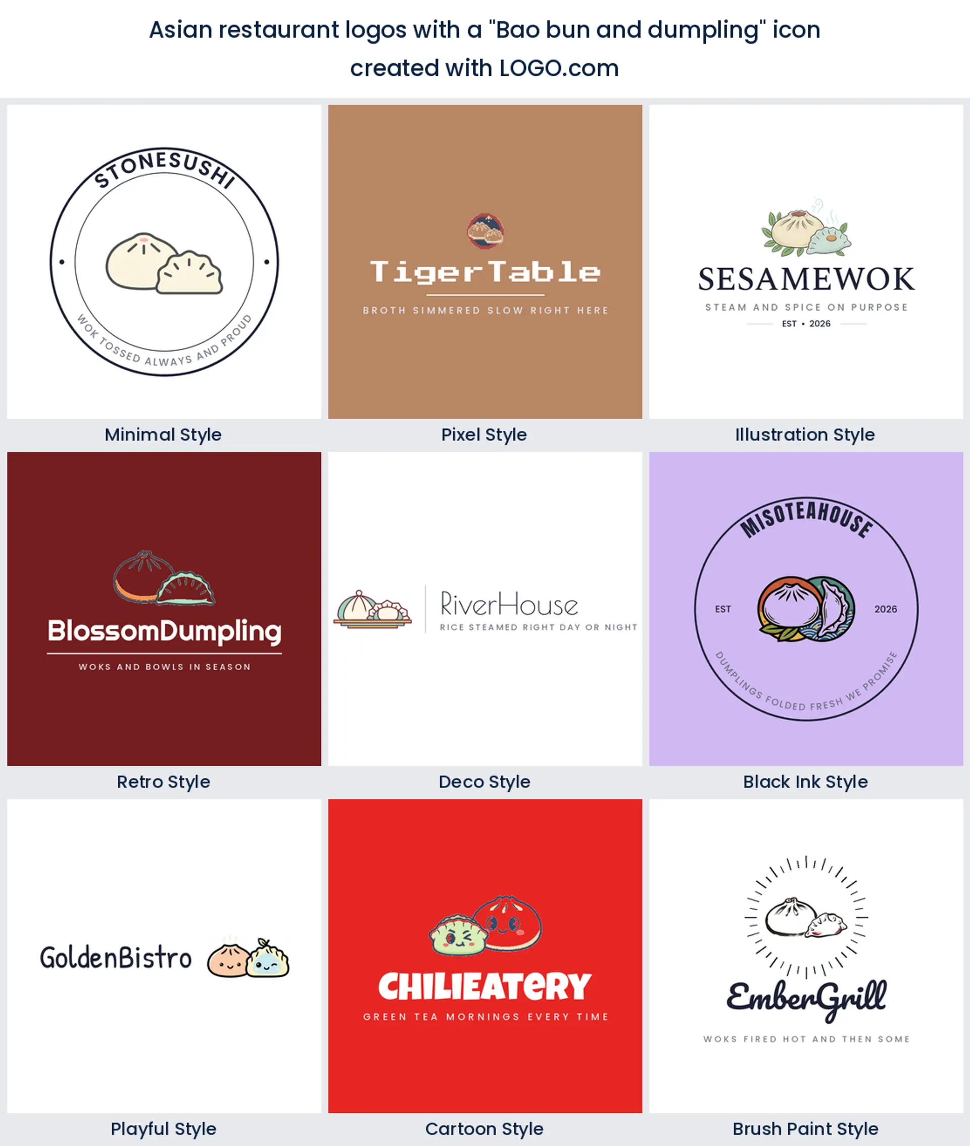 Bao bun and dumpling Asian restaurant logo shown in nine LOGO.com styles.