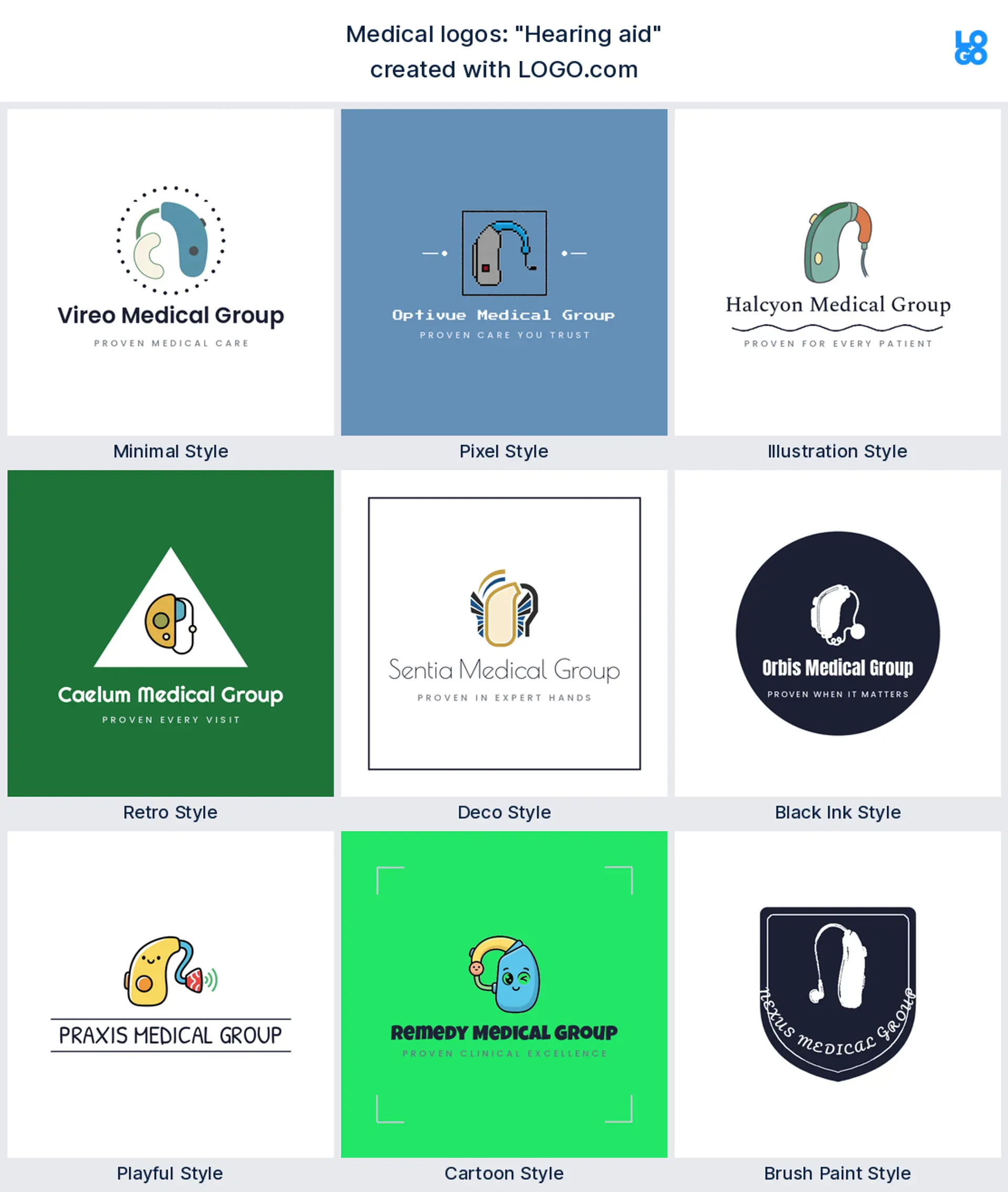 The "Hearing aid" medical logo idea shown across nine LOGO.com styles