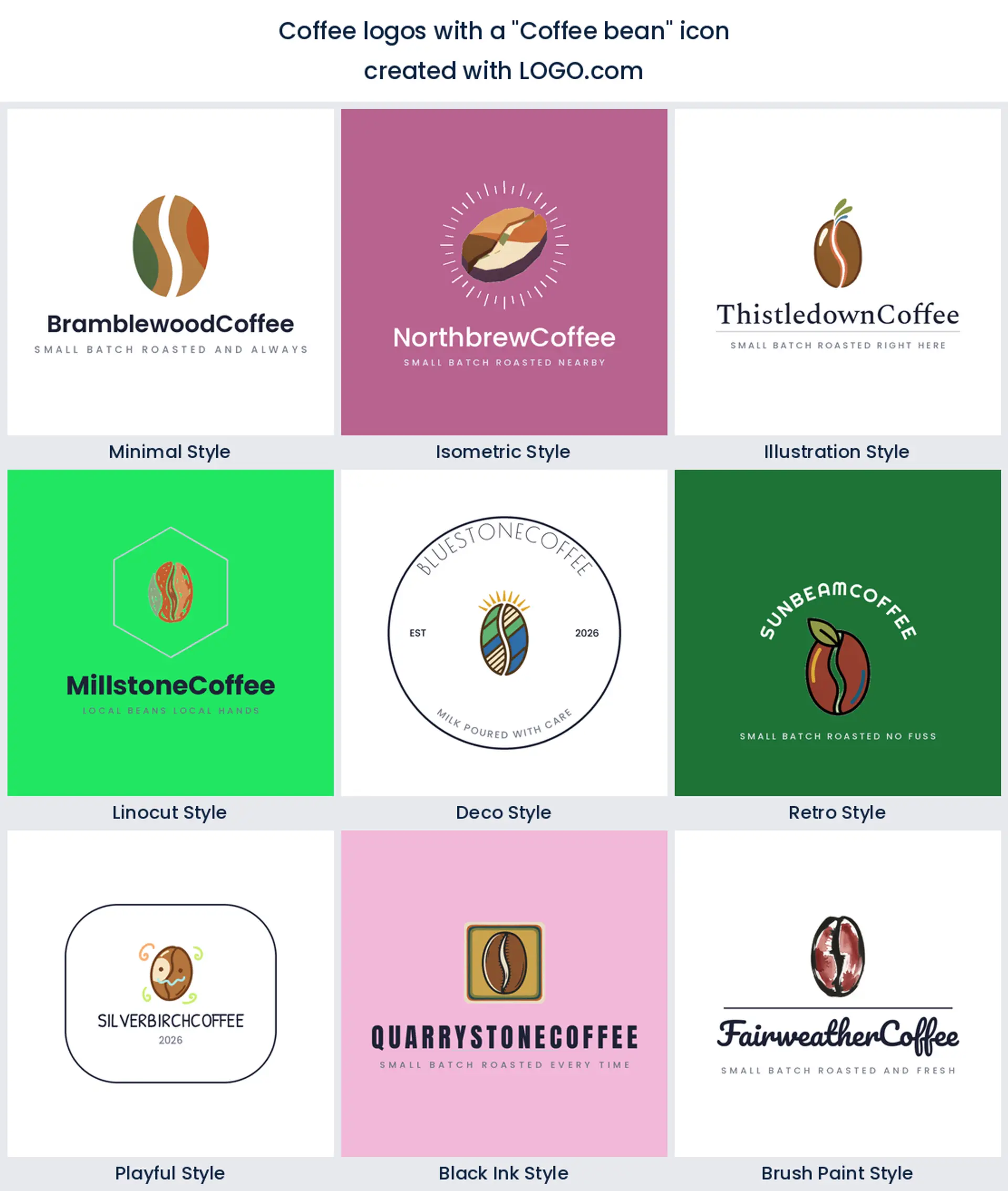 Coffee bean coffee logo shown in nine LOGO.com styles
