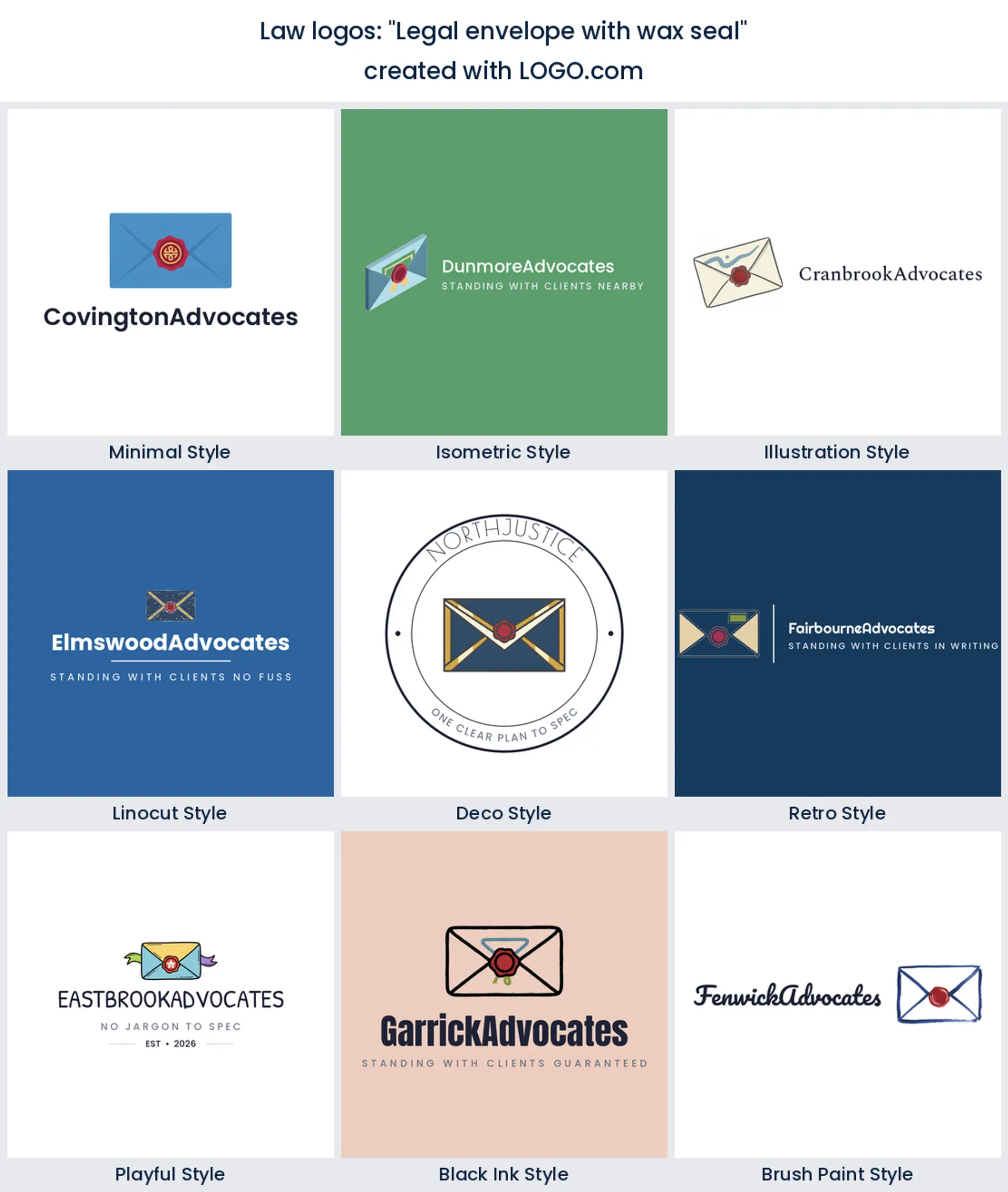A sealed legal envelope with a wax seal across nine logo styles
