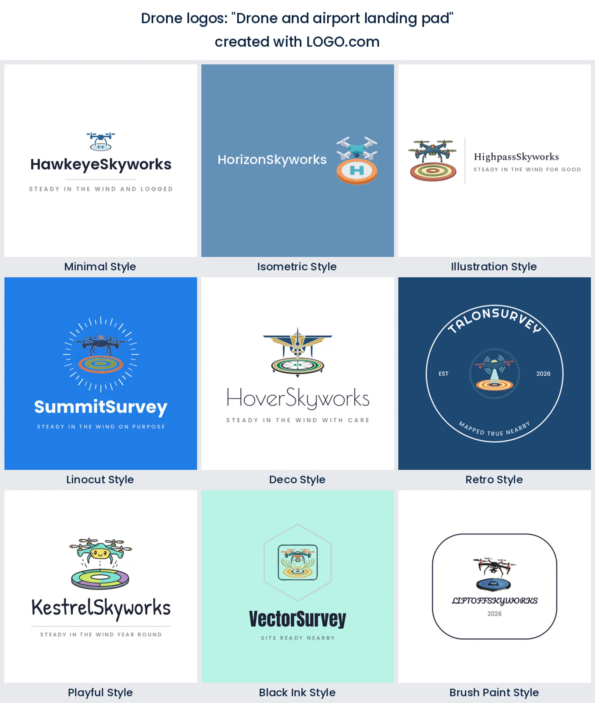 Drone and airport landing pad logo shown across nine LOGO.com styles