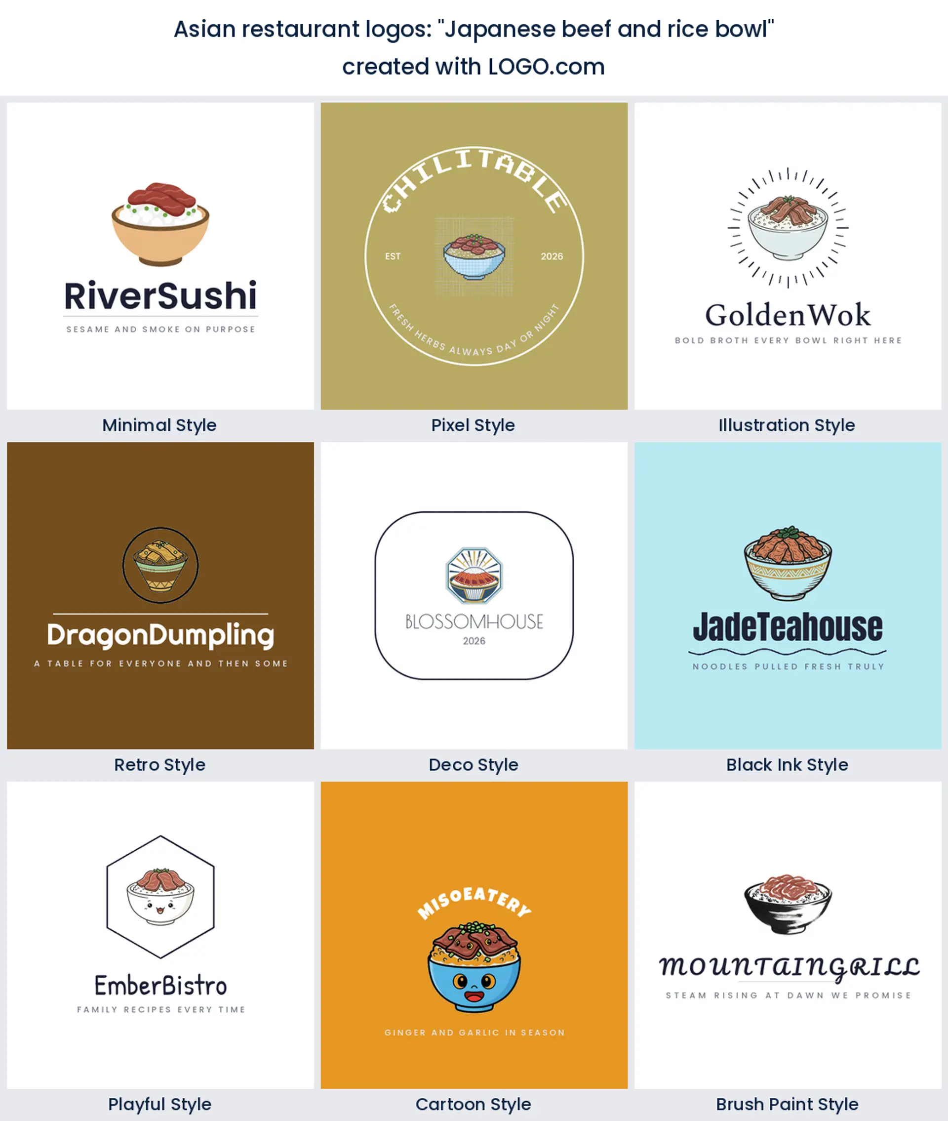 Japanese beef and rice bowl Asian restaurant logo in nine styles.