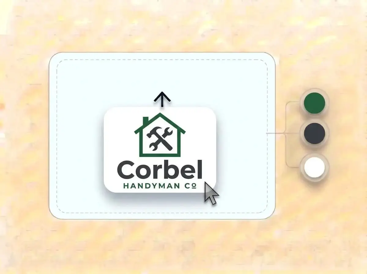Corbel Handyman Co logo, a forest green house with a crossed hammer and wrench on a white card, dropped into the LOGO.com upload box with its colors pulled out as swatches