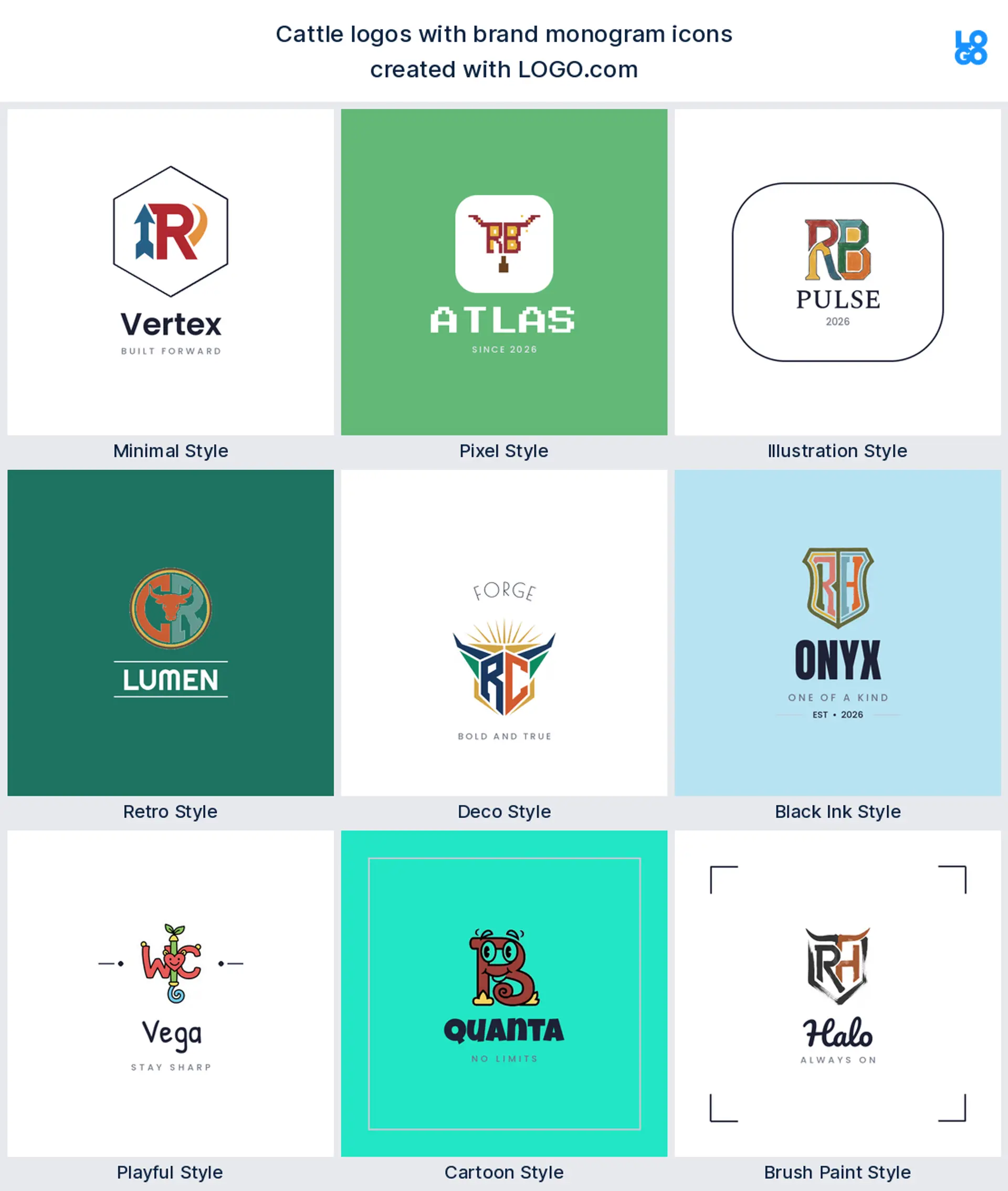 Cattle brand monogram logo shown in nine LOGO.com styles