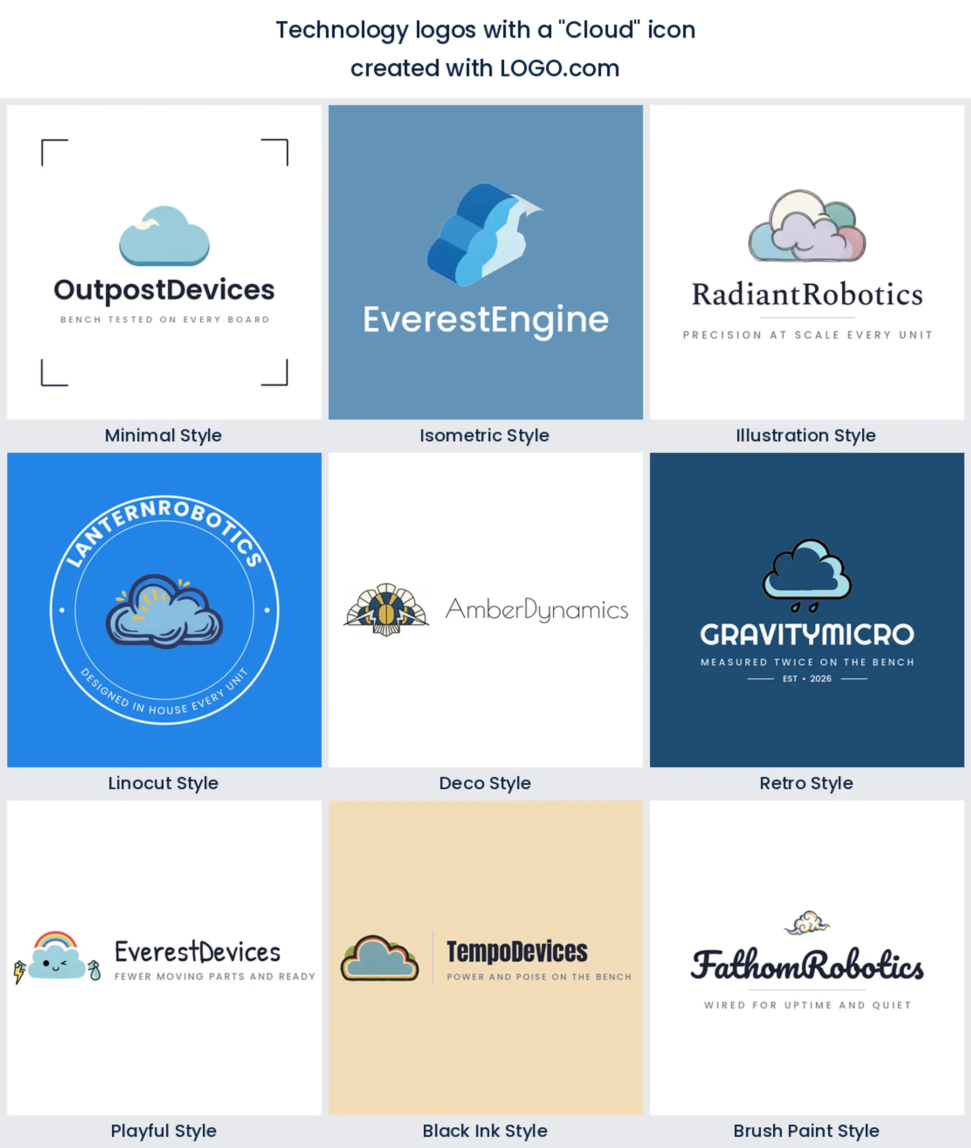 Cloud technology logo shown in nine LOGO.com styles.