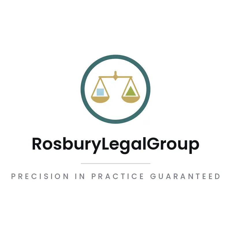Minimal law office logo for RosburyLegalGroup with balanced scales inside a plain ring