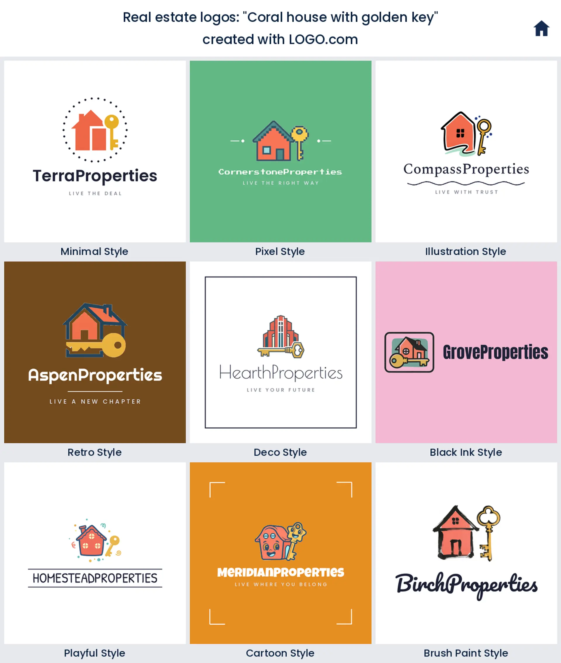 Coral house with golden key, a real estate logo idea shown in nine LOGO.com styles