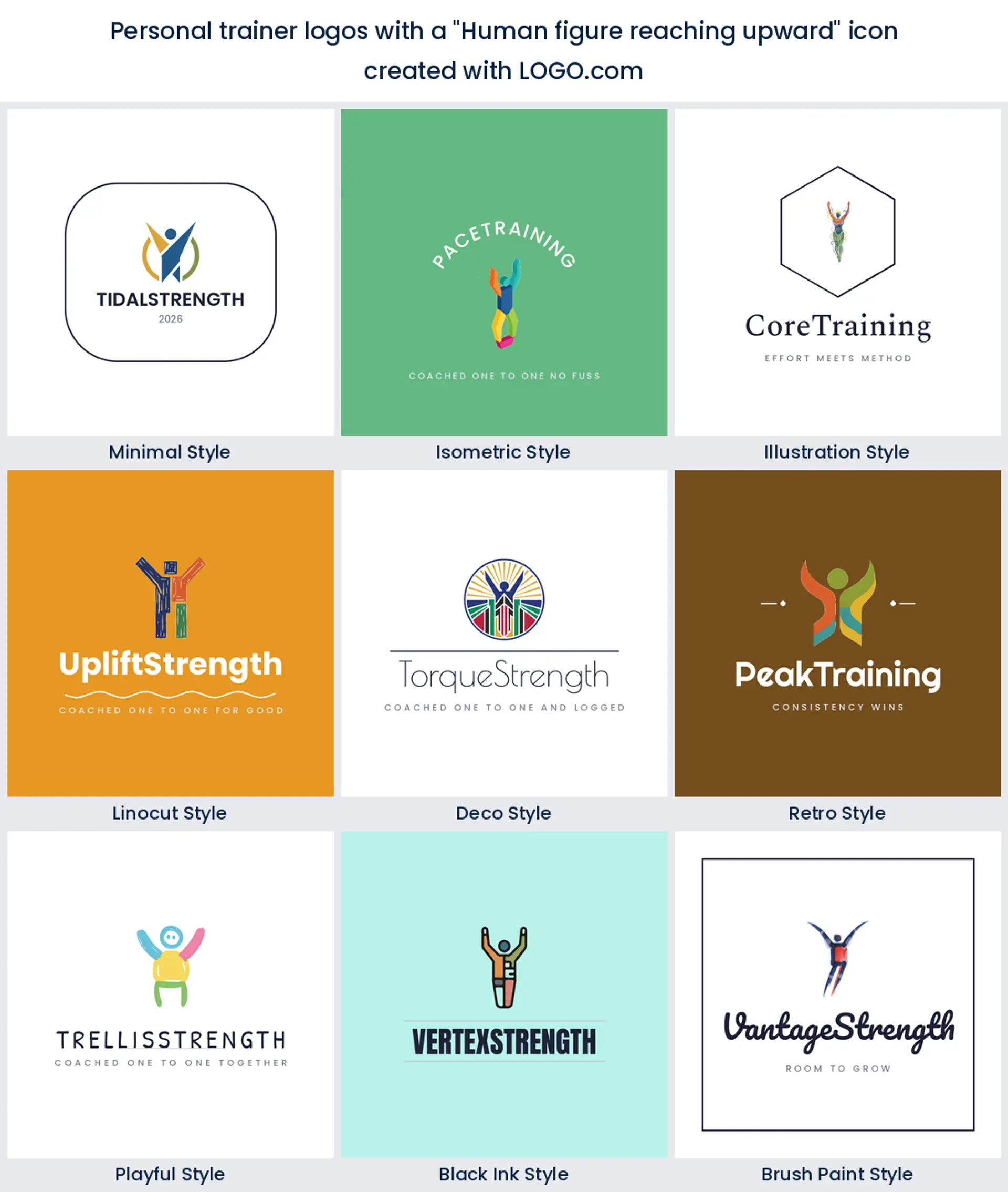 Abstract human figure reaching upward in a personal training logo across nine LOGO.com styles