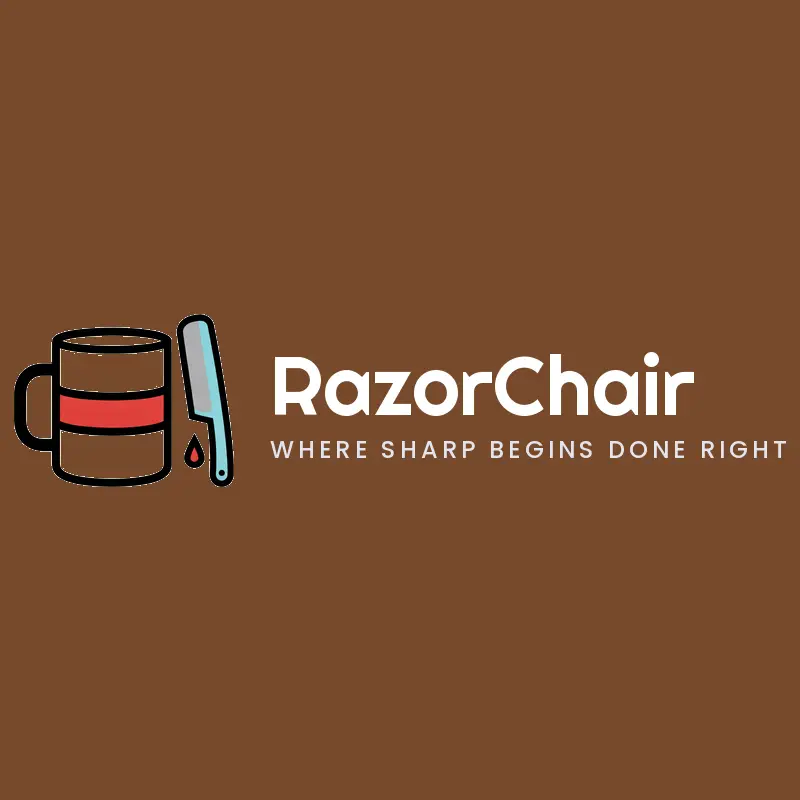 A retro coffee mug and barber blade logo on a brown background.