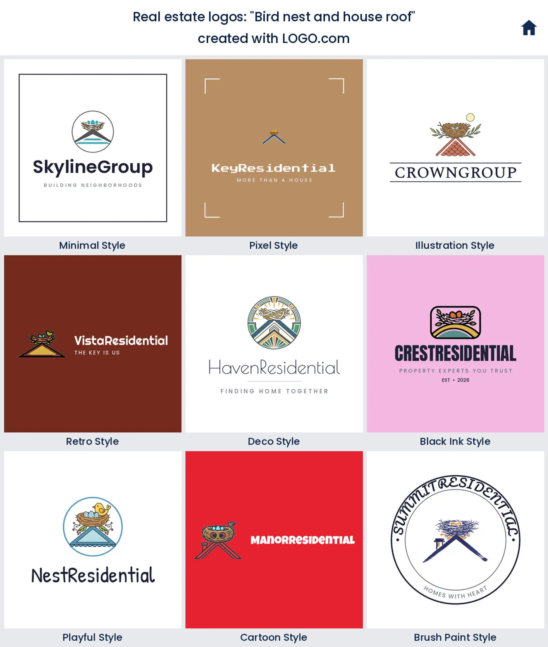 Bird nest and house roof, a real estate logo idea shown in nine LOGO.com styles