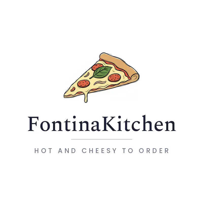 An illustrated pizza slice and basil leaf logo on a white background.